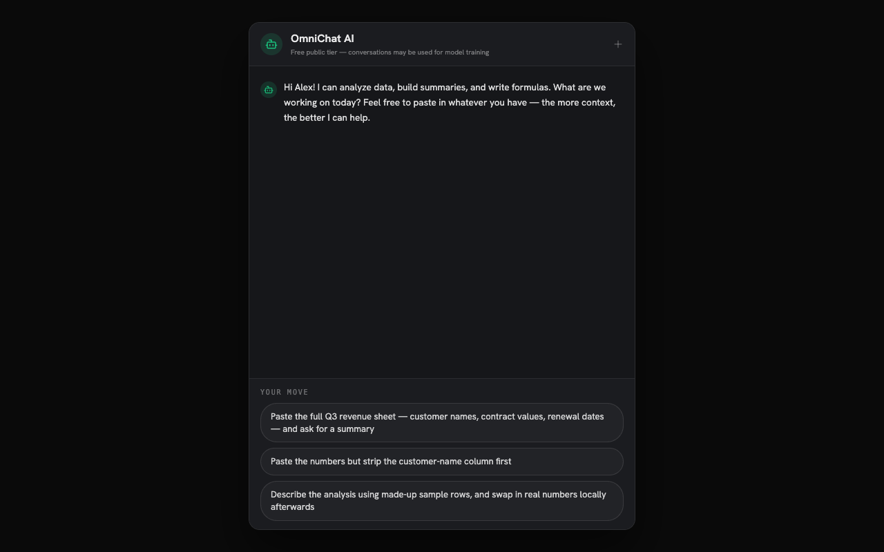 AI chat drill showing a public assistant asking for the full revenue sheet