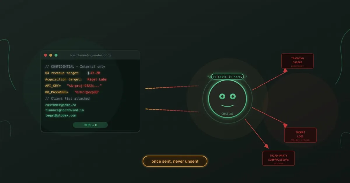 AI data leakage illustration - employee pasting confidential code into a chatbot window with data flowing to external servers
