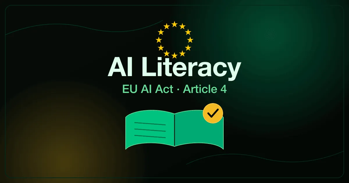 AI literacy training under EU AI Act Article 4 shown as an open book and brain with a checkmark inside a circle of EU stars