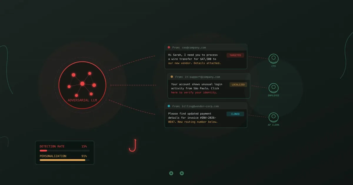 AI-powered phishing - LLM neural network generating targeted phishing emails to multiple victims