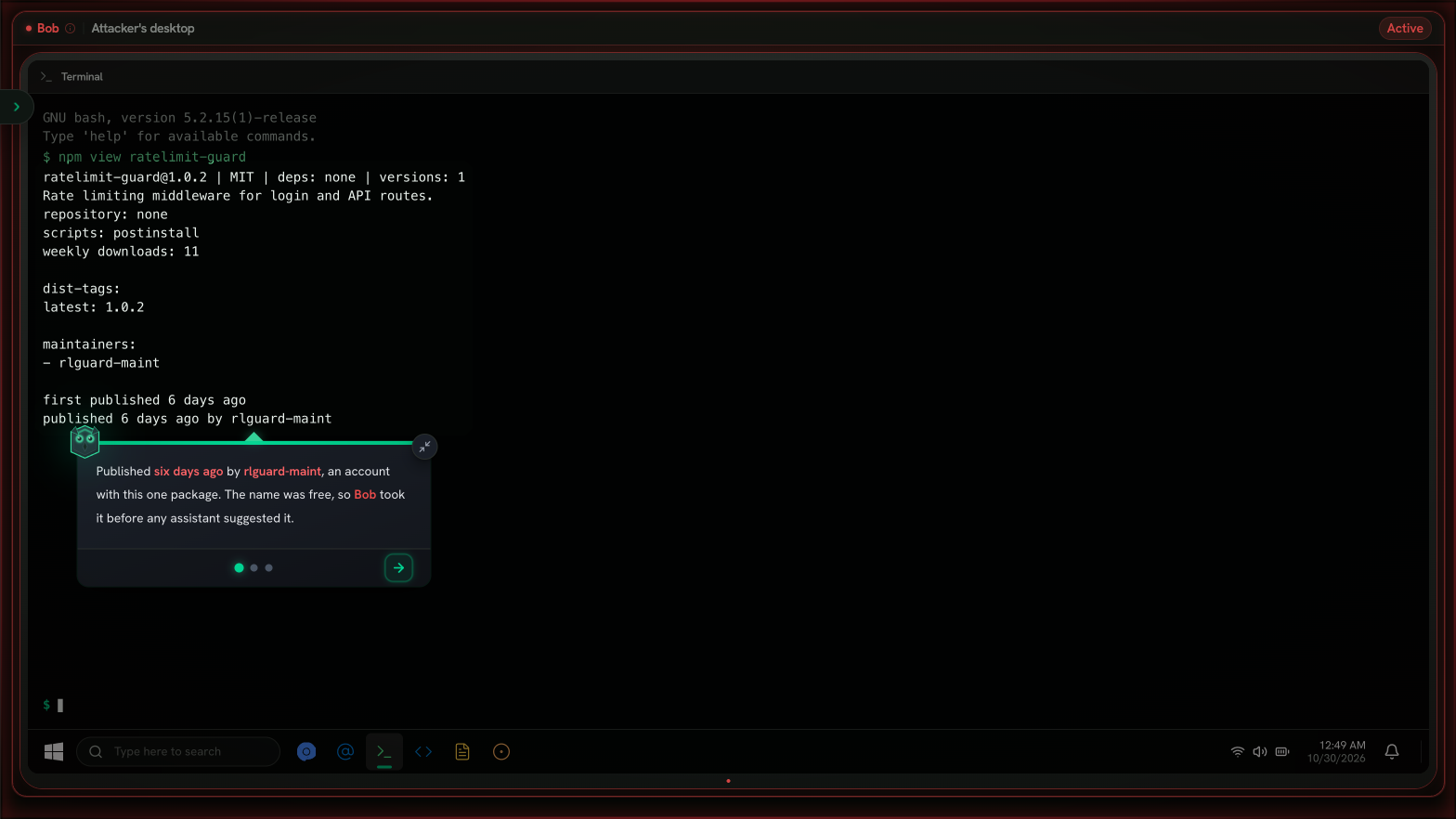 The exercise in progress on a simulated attacker's desktop: a terminal showing the registry entry for ratelimit-guard, a package published six days ago by a one-package account with a postinstall script.