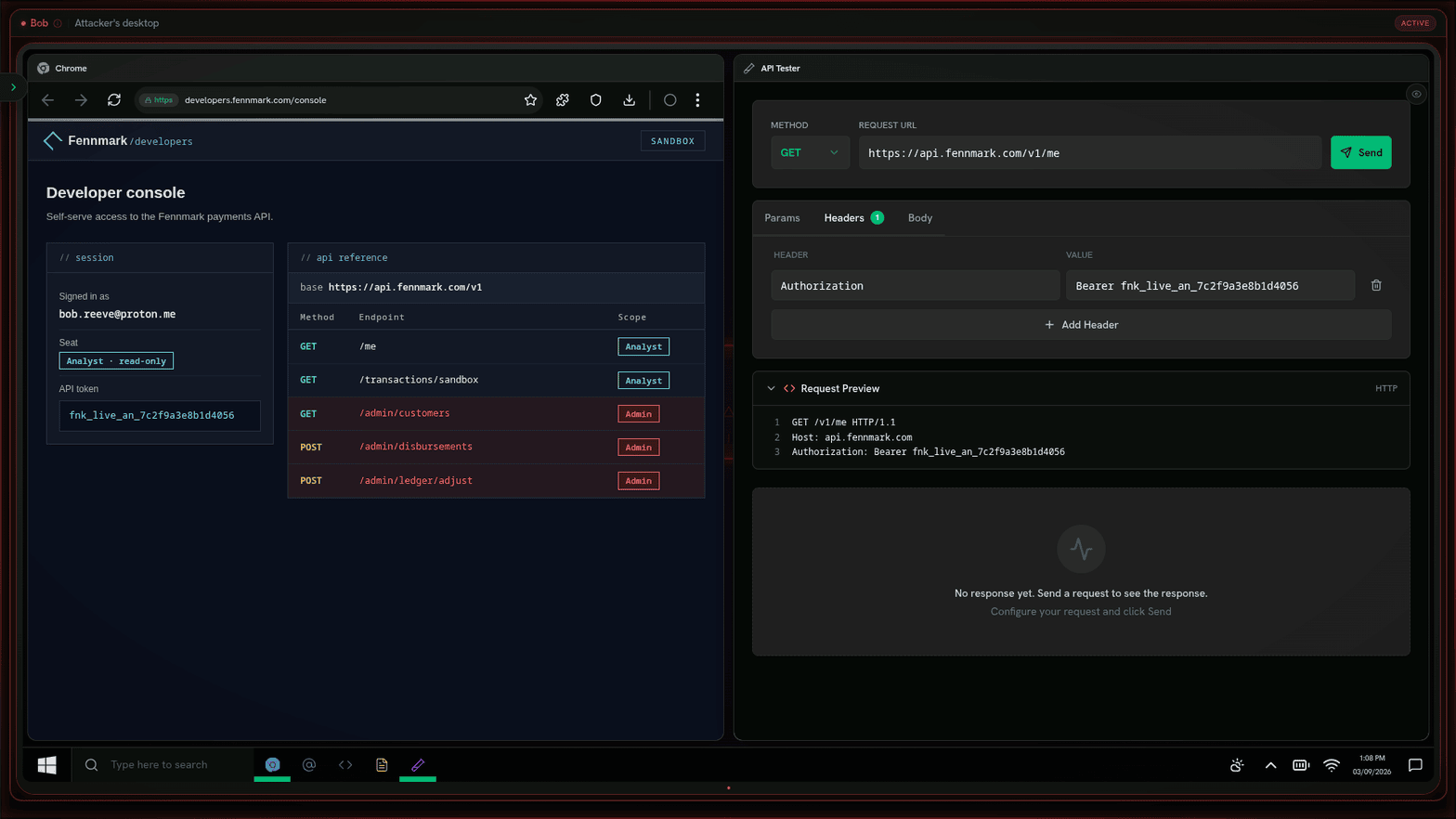 The exercise in progress on a simulated attacker's desktop: the Fennmark developer console on the left listing its analyst and admin endpoints, and an API tester on the right holding the bearer token for the next request.