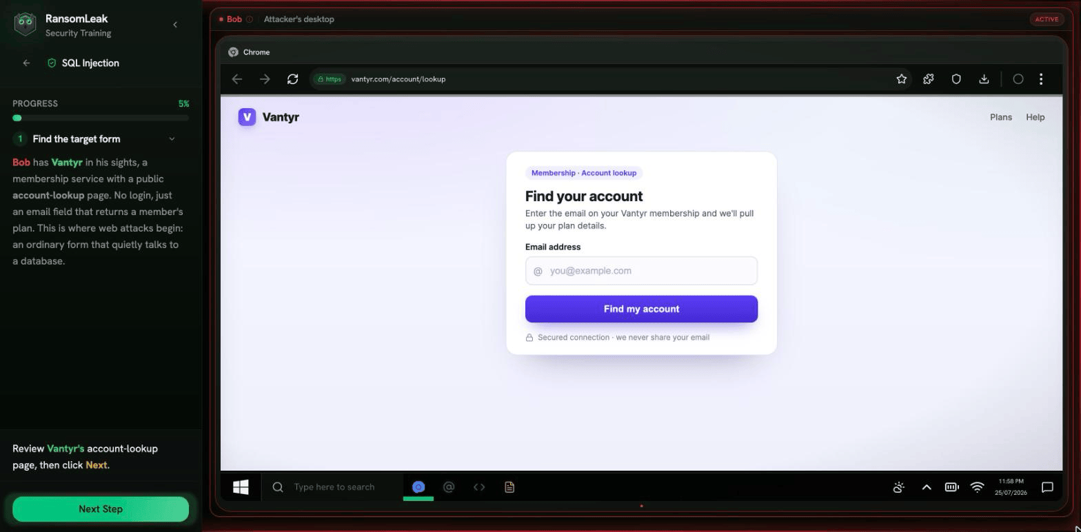 The SQL injection exercise in progress: a step-by-step training sidebar on the left, and a simulated desktop browser showing the vulnerable account-lookup form the learner is about to attack.