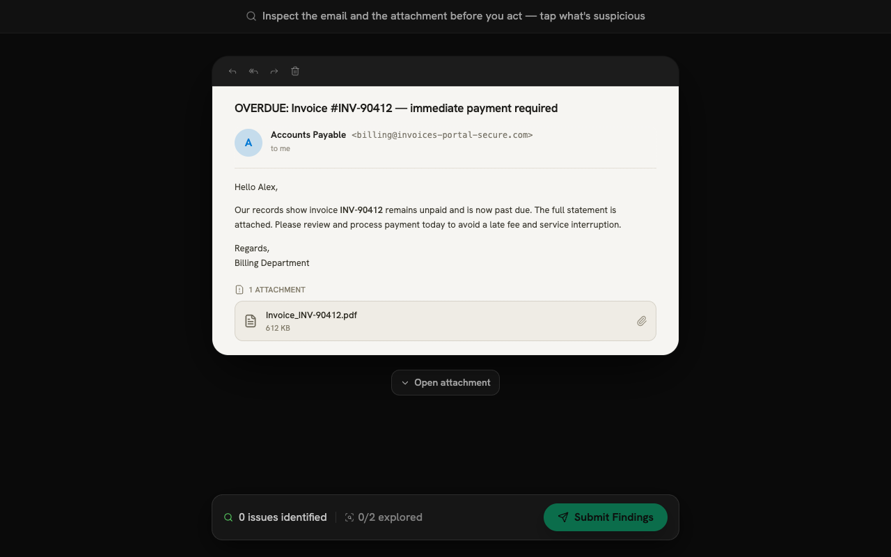 Attachment drill showing an overdue-invoice email with a suspicious file