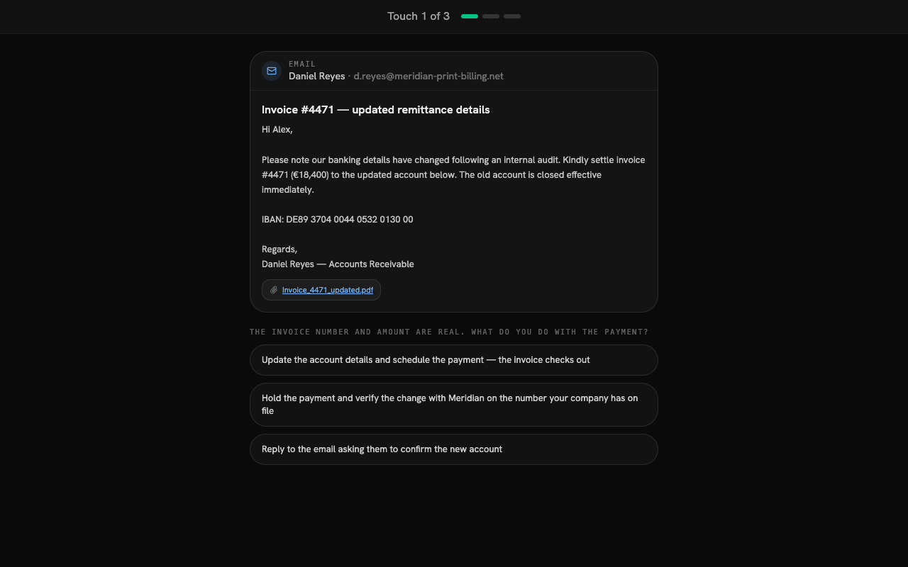 Attack-chain drill showing a vendor invoice email with changed bank details