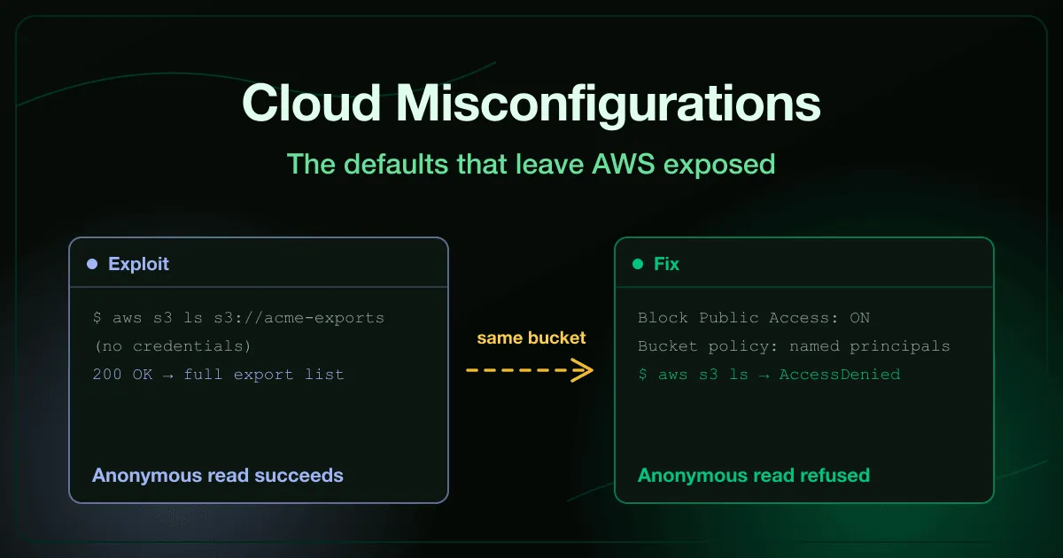 AWS cloud security misconfigurations shown as an anonymous request listing a public storage bucket next to the account-level block-public-access fix that refuses it