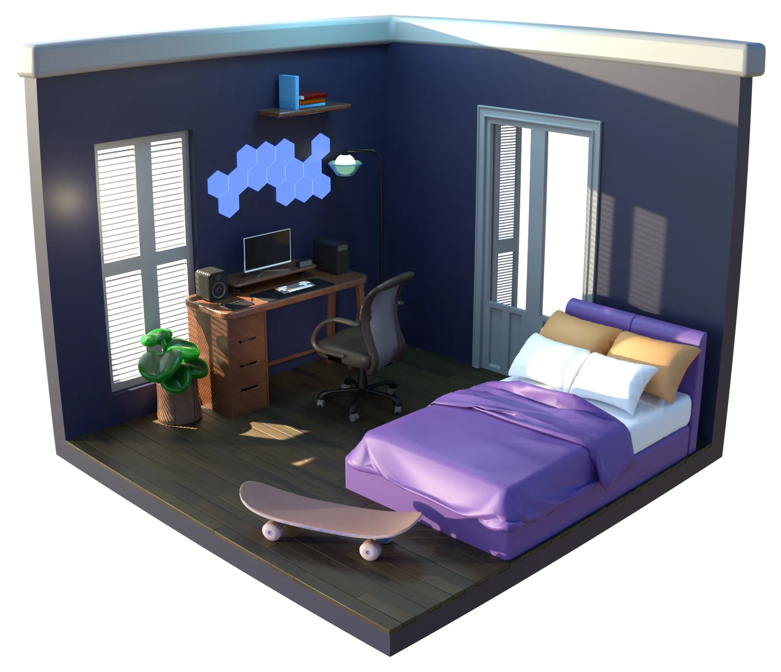 Isometric 3D render of the attacker's lair with a desk, a PC, hexagonal wall lights, a bed and a skateboard, the room used in the AI Agent Goal Hijacking exercise