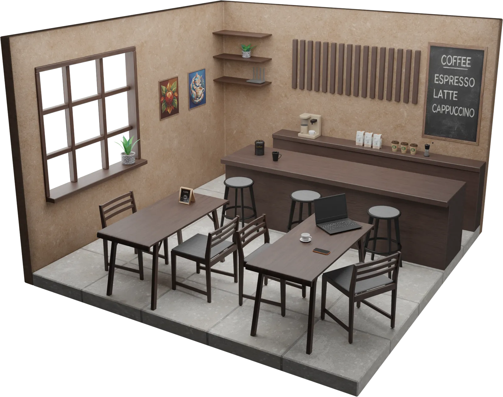 Isometric 3D render of a cafe with wooden tables, bar stools, a counter under a chalkboard menu and a laptop and phone left on a table, the room used in the Eavesdropping & Device Theft exercise