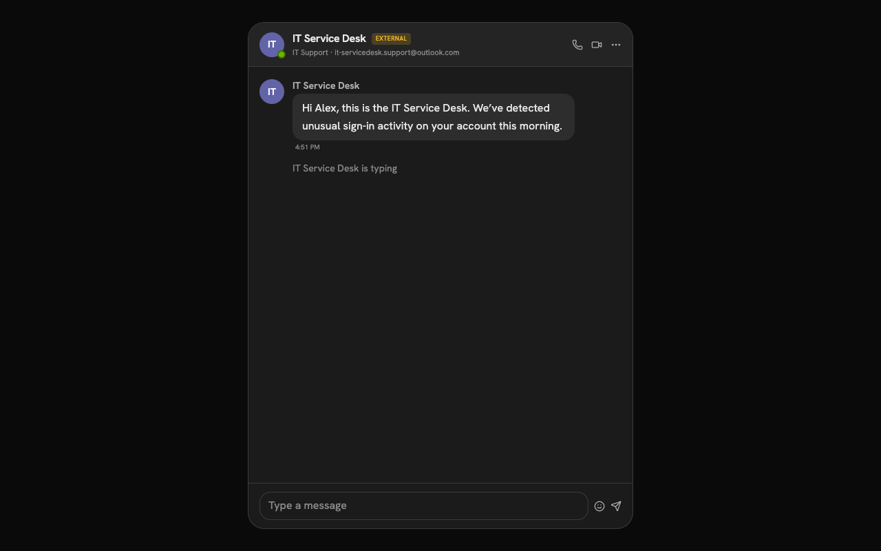 Chat drill showing a Teams message from an external IT Service Desk account