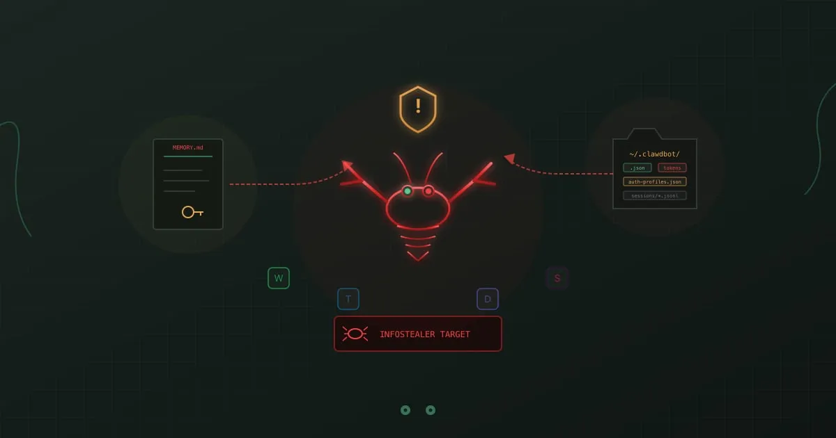 Clawdbot (Moltbot) security risks - lobster mascot with sensitive files and infostealer warning