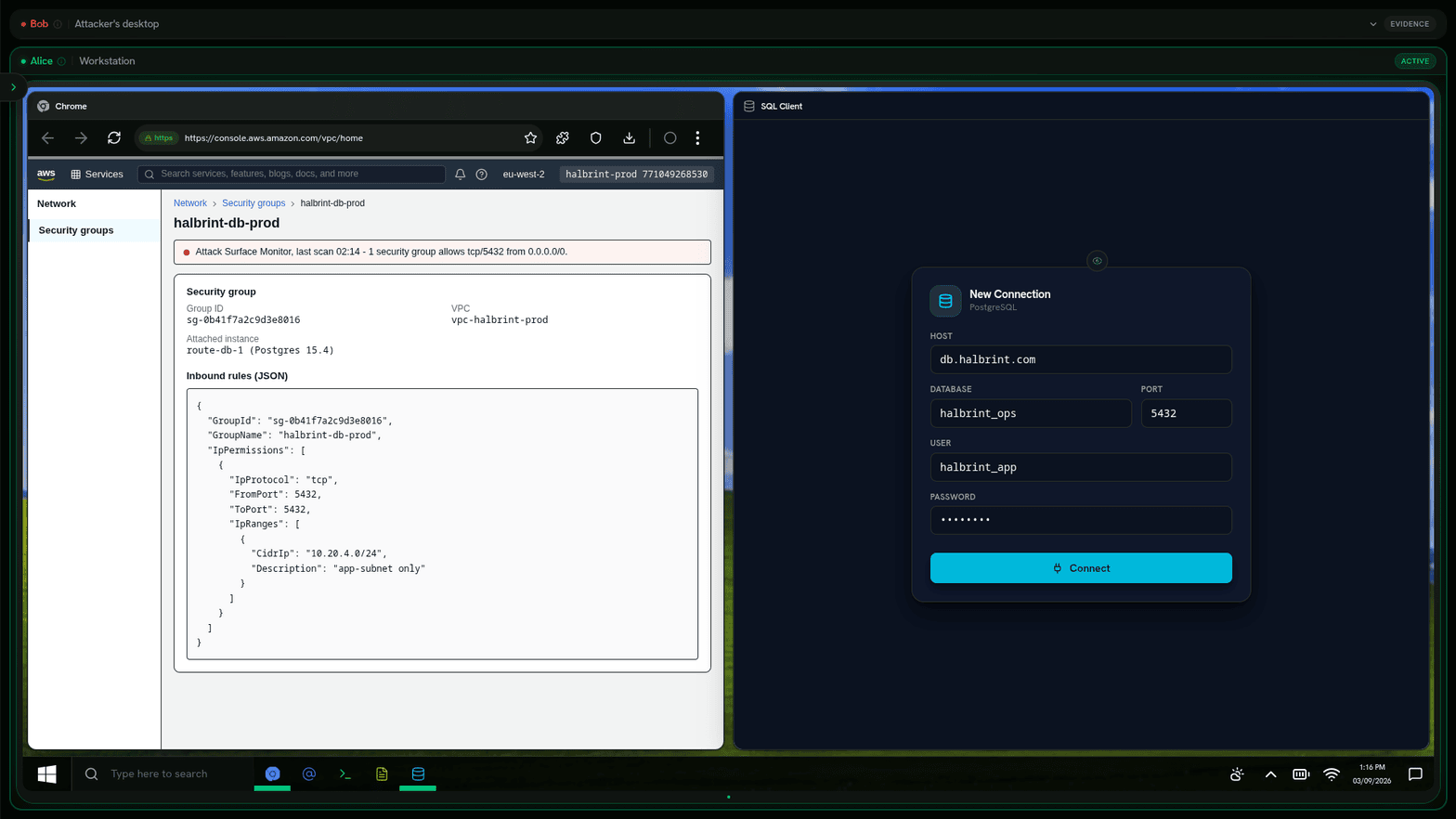 The exercise in progress on a simulated attacker's desktop: the AWS security group console on the left with the inbound rules for a production database, and a SQL client on the right filling in the connection details.