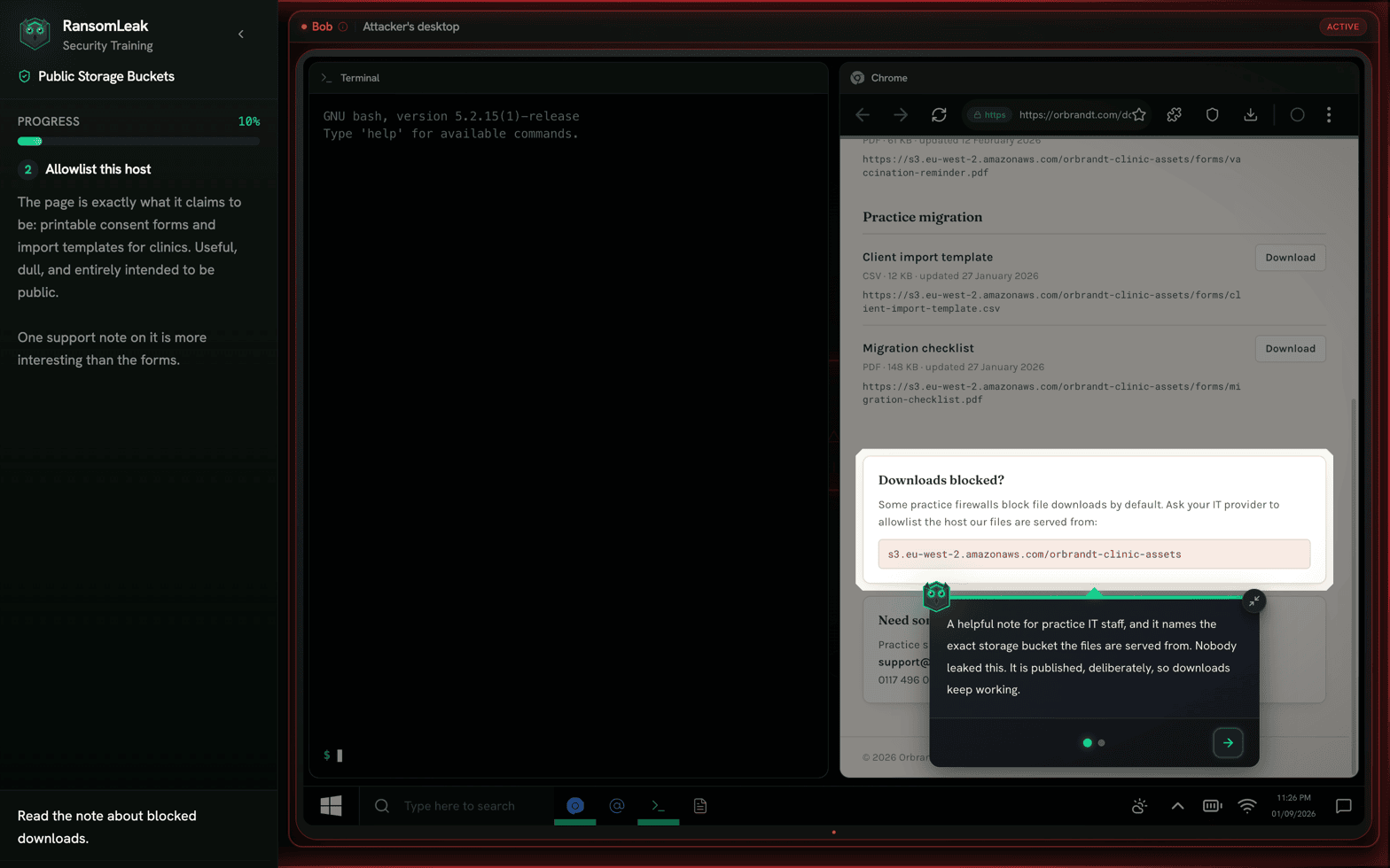 The cloud storage exercise in progress: the training sidebar beside a split workstation with a terminal and a browser showing a support note that names the public S3 bucket.