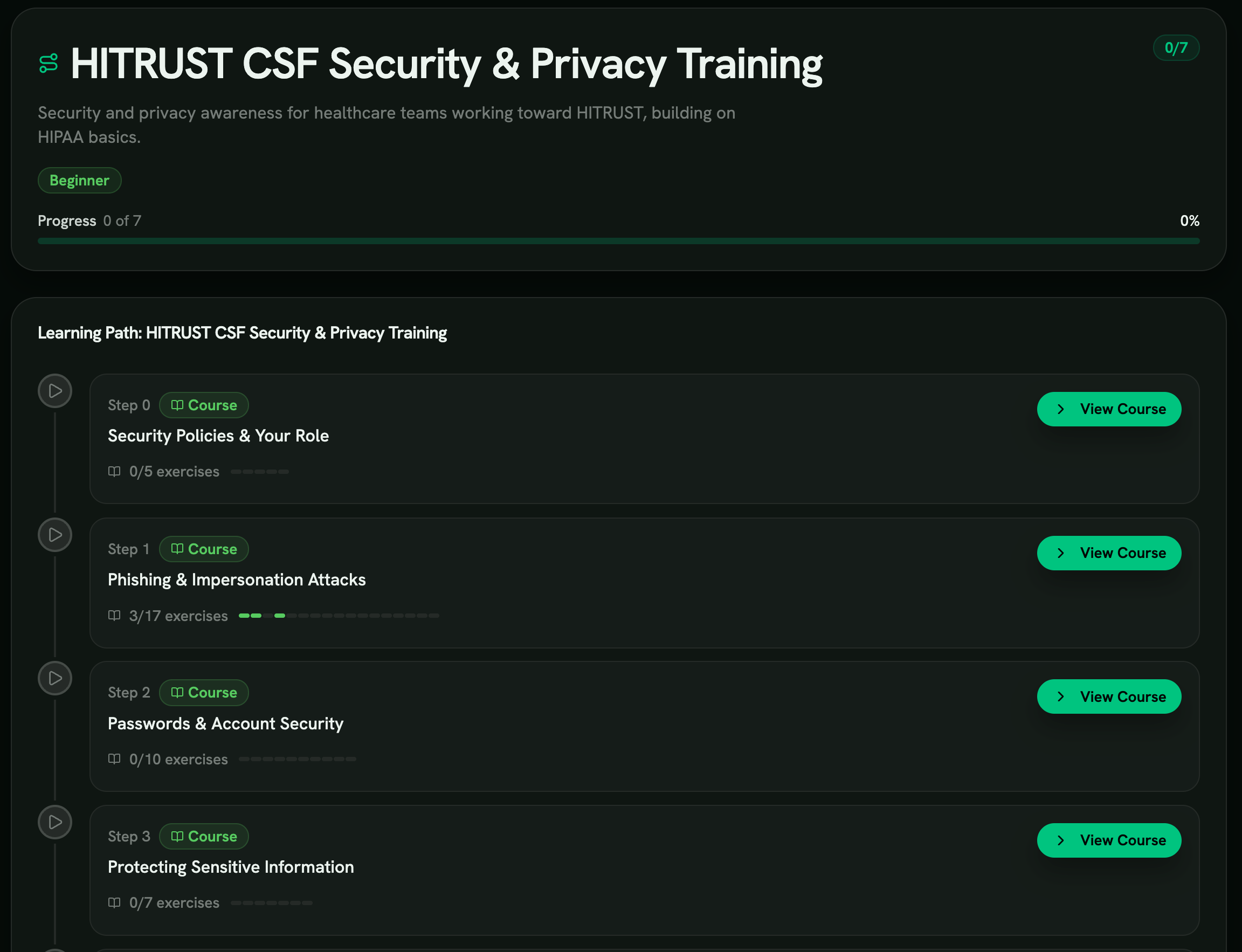 The HITRUST CSF Security Awareness Training learning path in RansomLeak, with eight steps from security policies to incident reporting