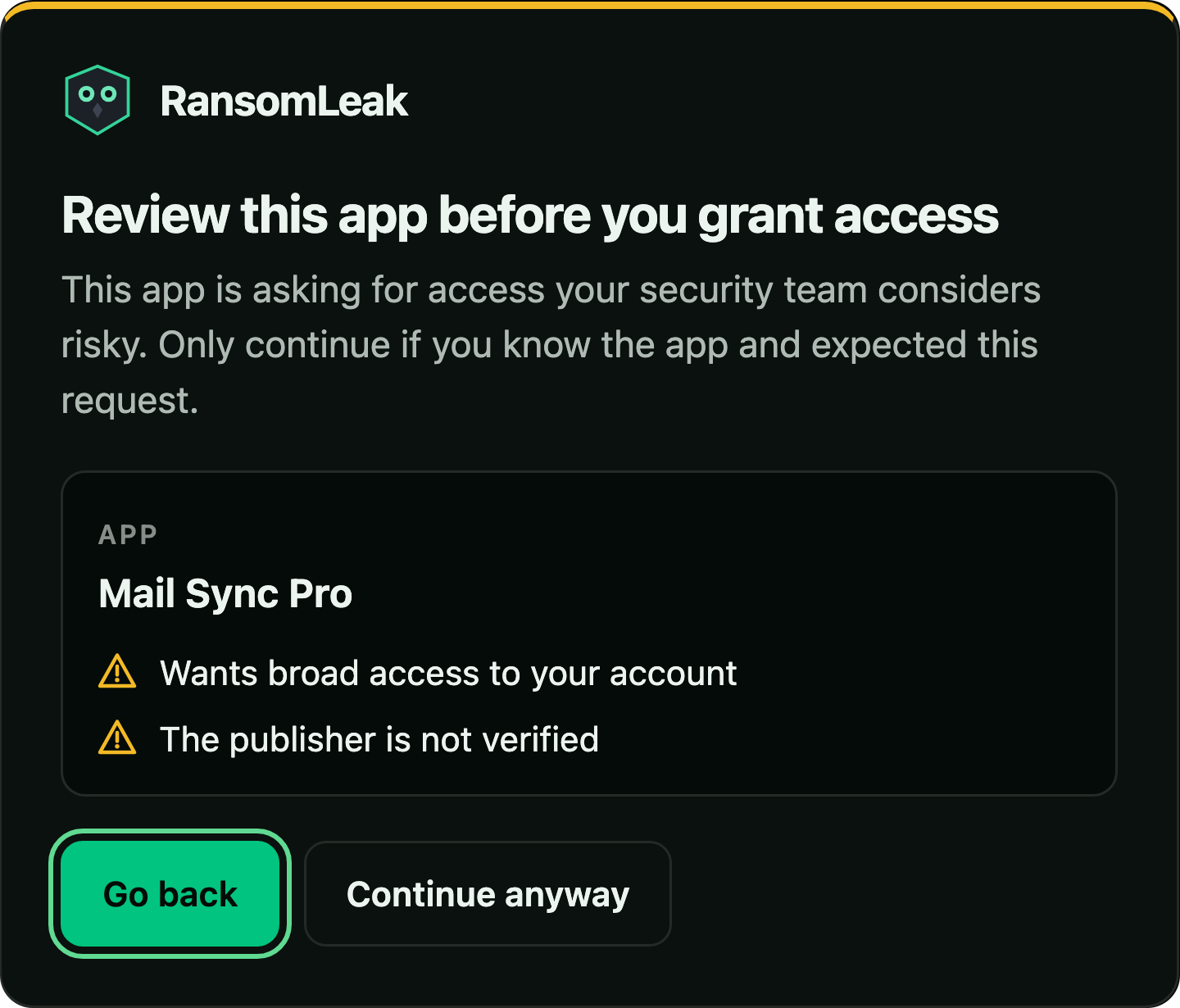 Consent warning: Review this app before you grant access. Mail Sync Pro wants broad access to your account and the publisher is not verified