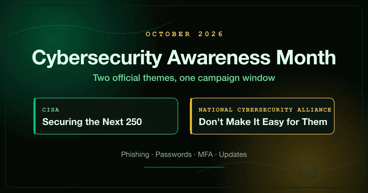 Cybersecurity Awareness Month 2026 themes from CISA and the National Cybersecurity Alliance shown side by side