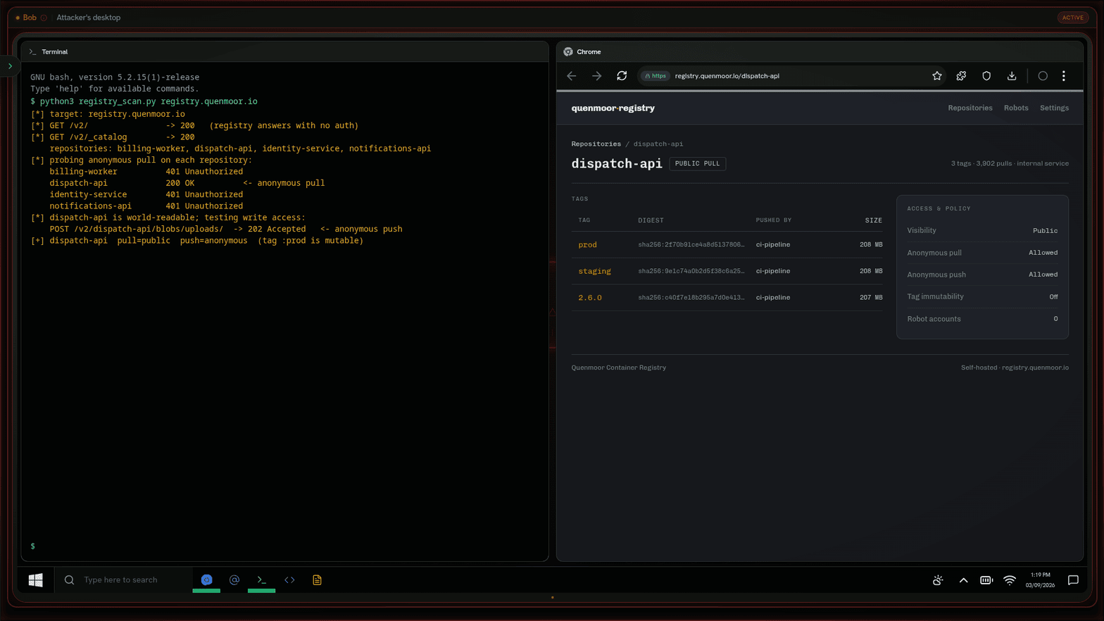 The exercise in progress on a simulated attacker's desktop: a terminal on the left probing a container registry, and the registry web interface on the right showing the dispatch-api tags and its access policy.