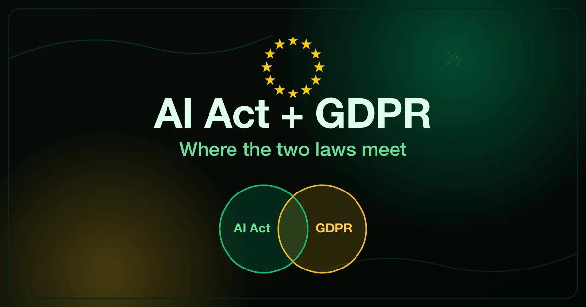 EU AI Act and GDPR shown as two interlocking rings sharing a common core inside a circle of EU stars
