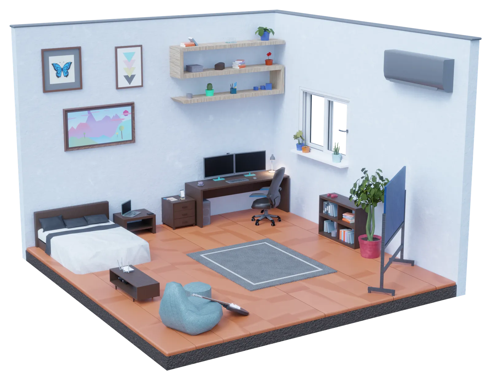Isometric 3D render of a home office with a two-monitor desk, a bed, a bookshelf and a whiteboard, the room used in the Ransomware exercise