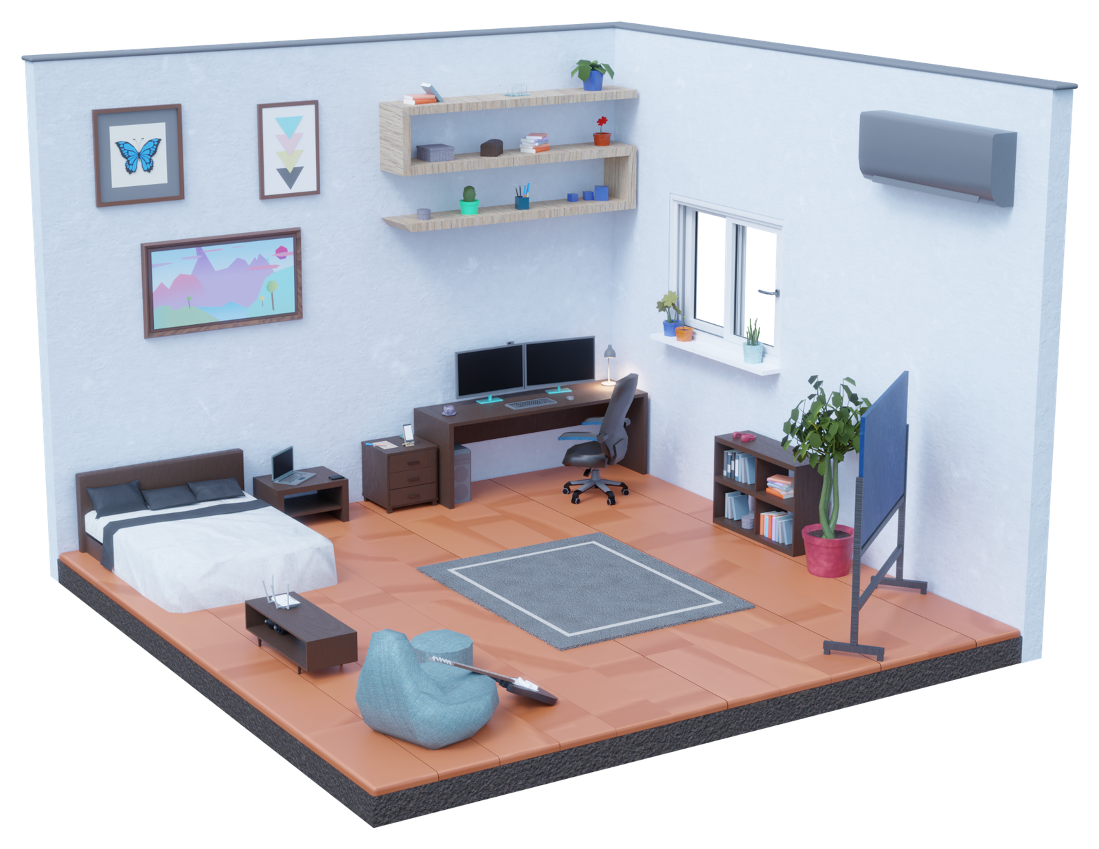 An employee exercise in its 3D home office: a desk with two monitors where the learner works through the scenario.