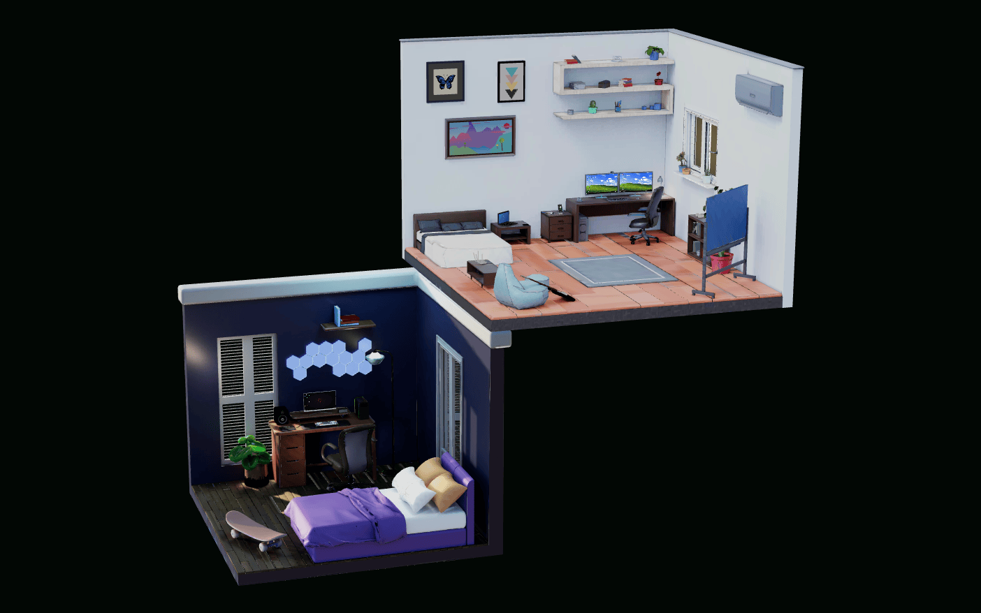 The dual-room view: the employee office above and the attacker room below, where the threat actor works the other side of the same incident