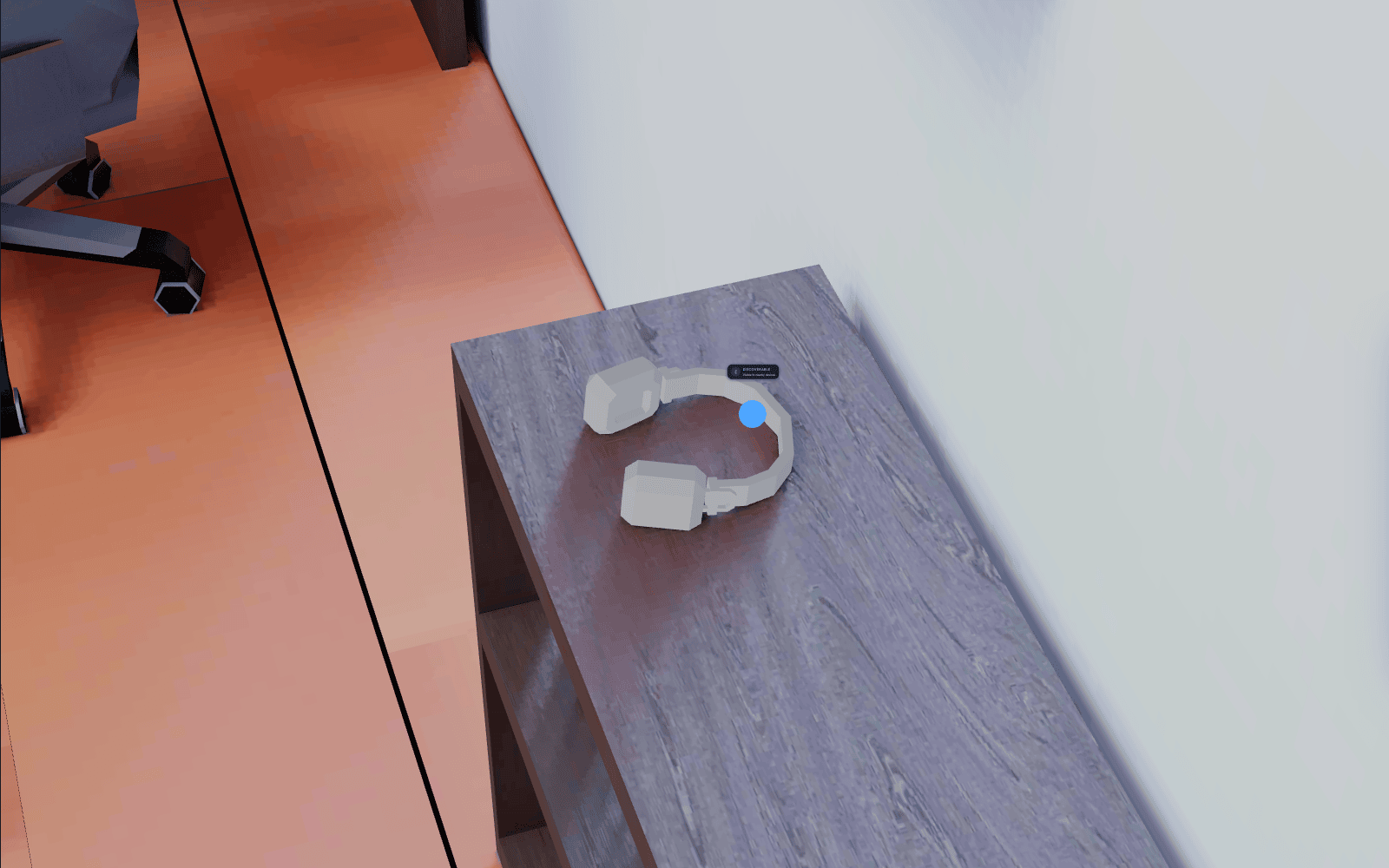 3D headphones in the scene with a glowing blue light showing they are left discoverable to nearby devices