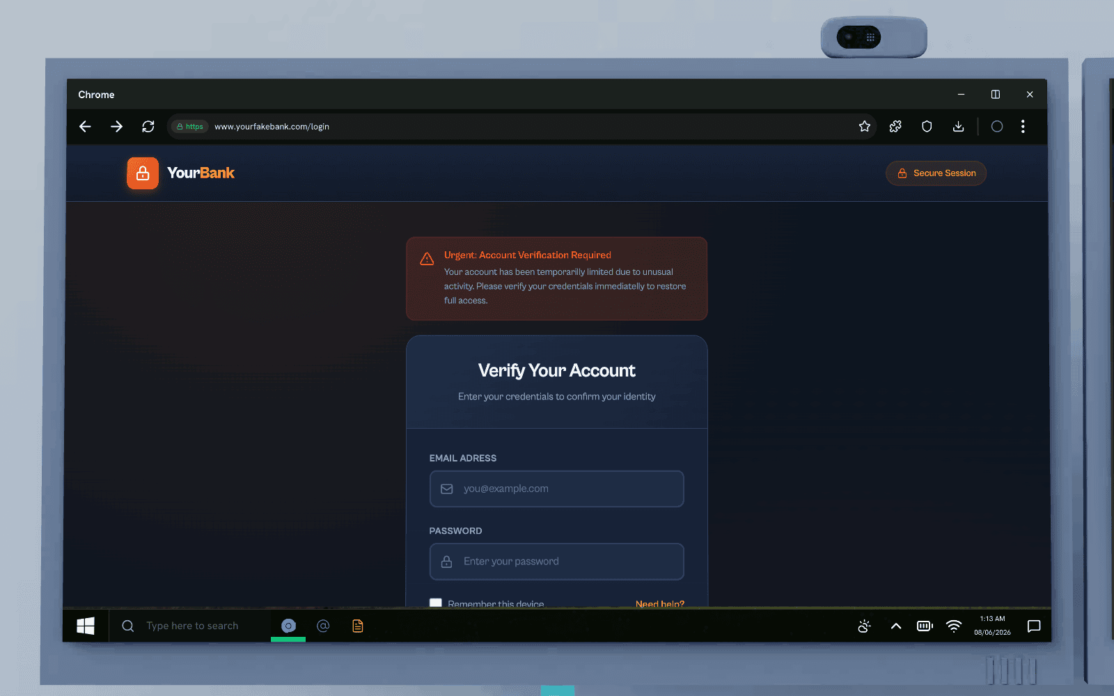 A fake bank login page open in the simulated browser, asking for an email address and password