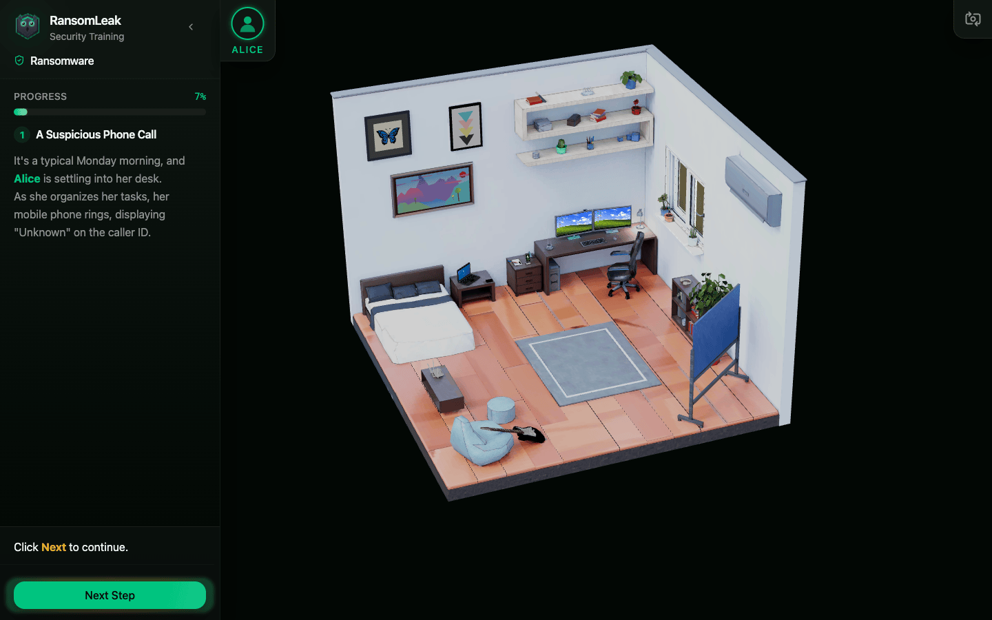 Isometric view of the 3D training room