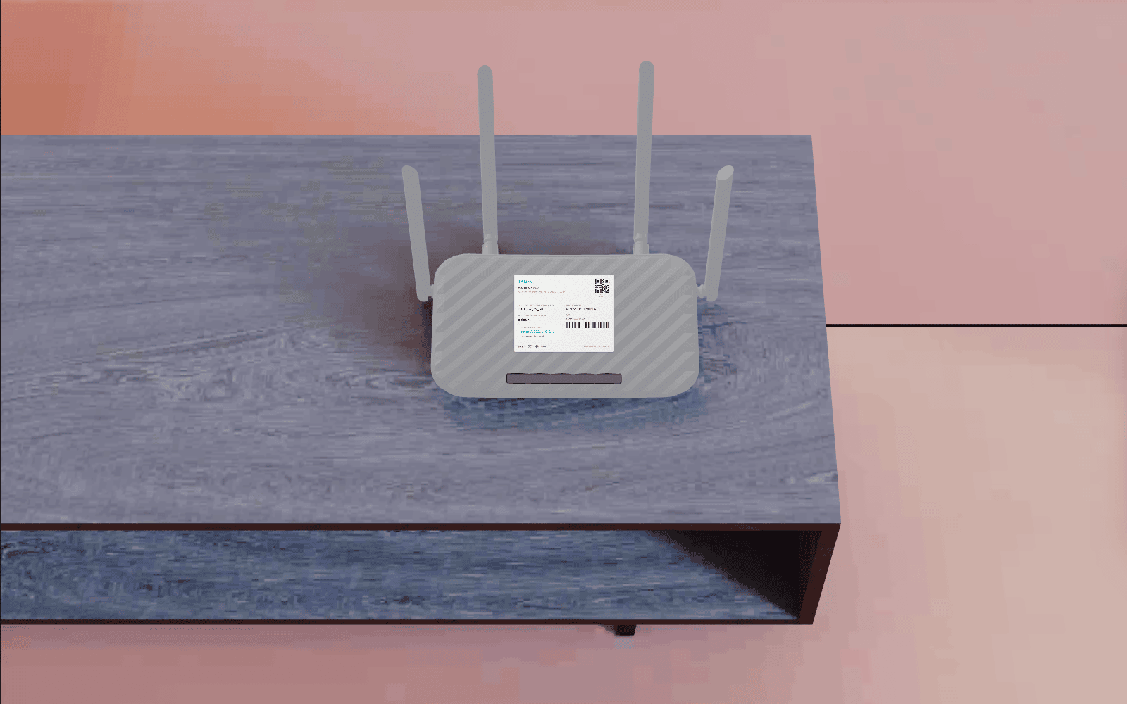 Close-up of the 3D router in the scene, its label sticker showing the admin password still set to the factory default of admin