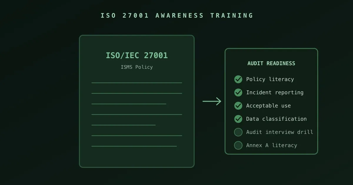 ISO 27001 awareness training diagram showing an ISMS policy document beside an audit readiness checklist.