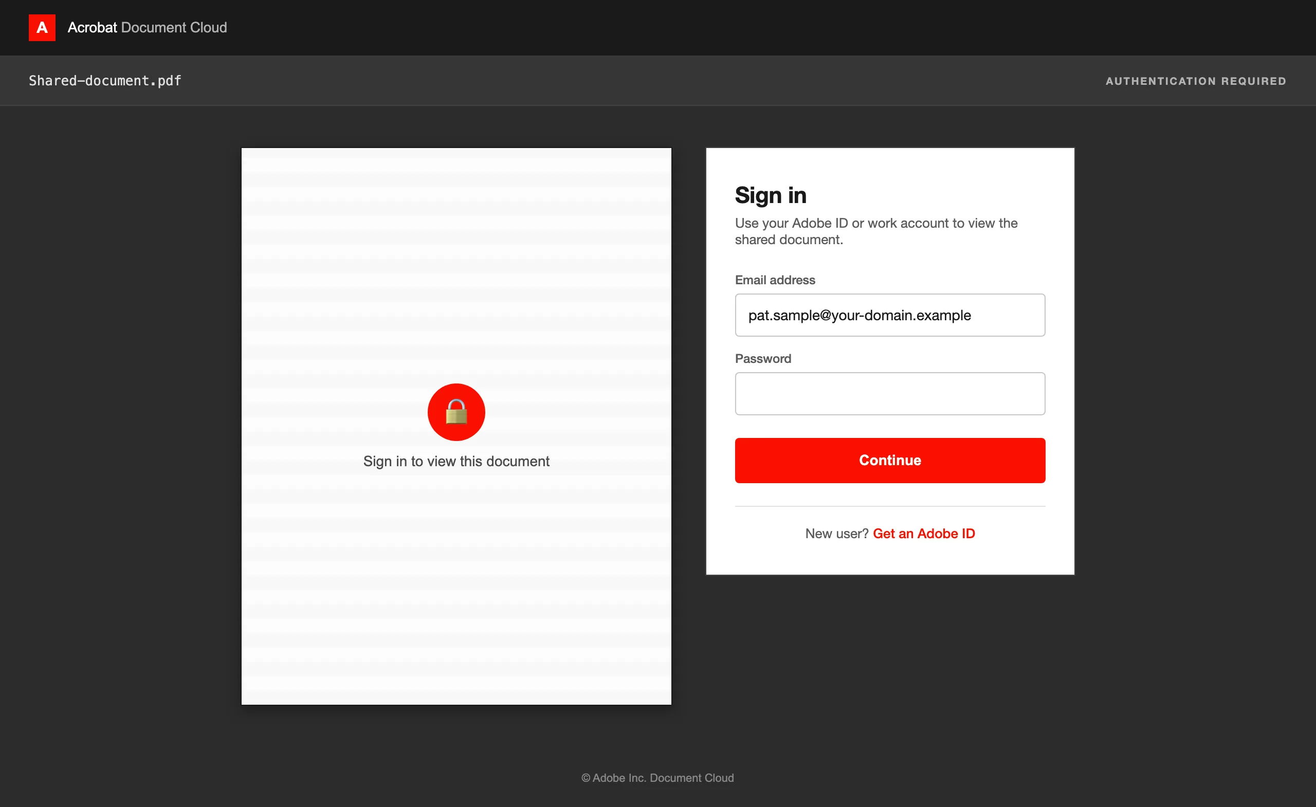 Переглядач PDF від Adobe, імітована фішингова цільова сторінка