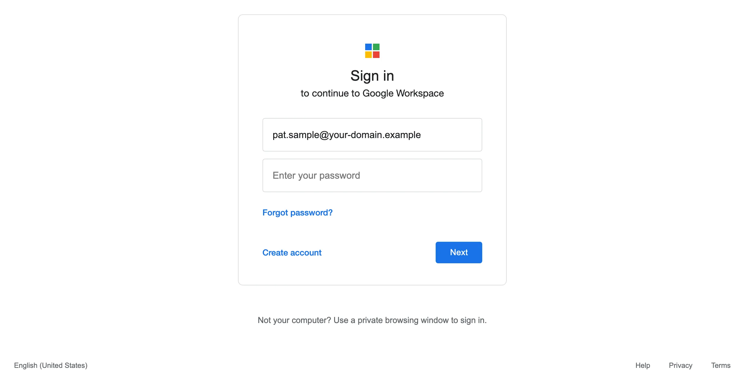 Вхід у Google Workspace, імітована фішингова цільова сторінка