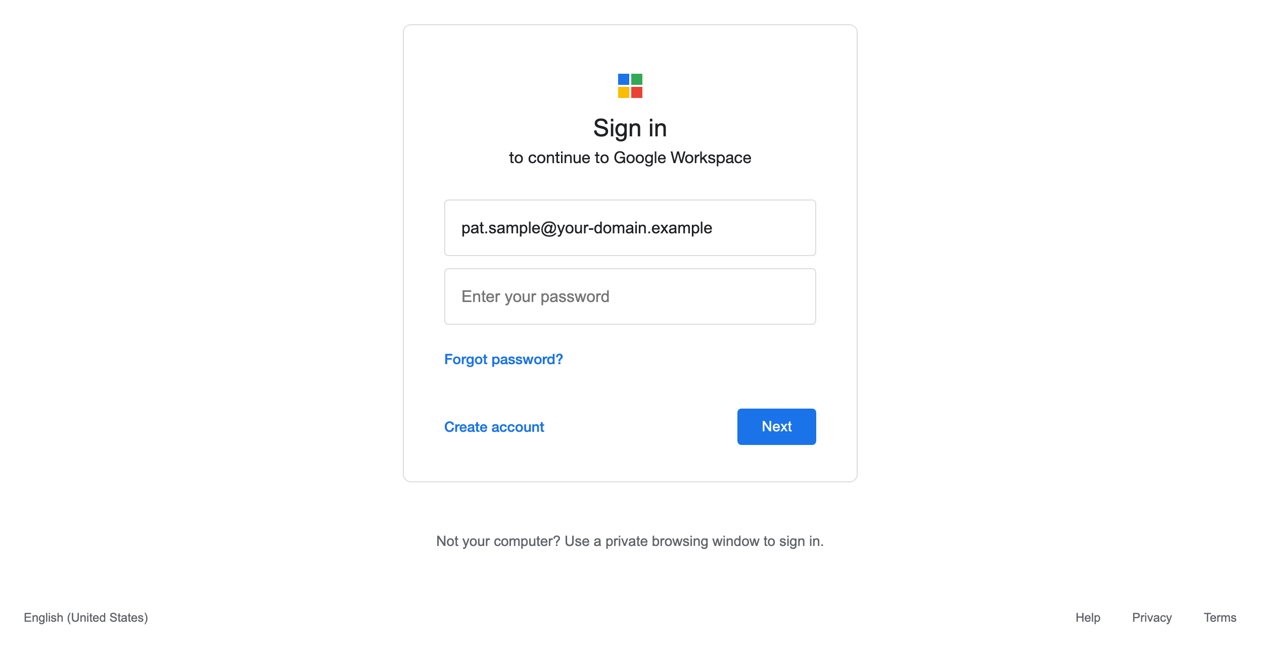 Google Workspace sign-in, simulated phishing landing page