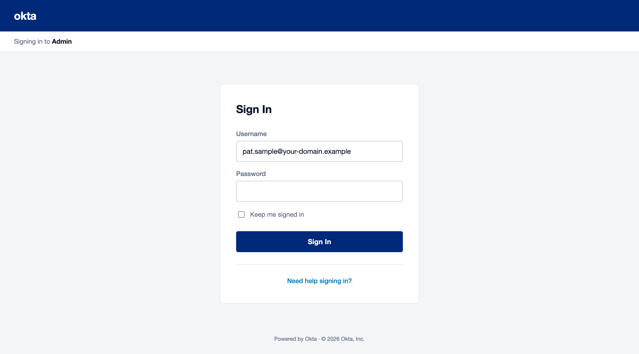 Okta sign-in, simulated phishing landing page