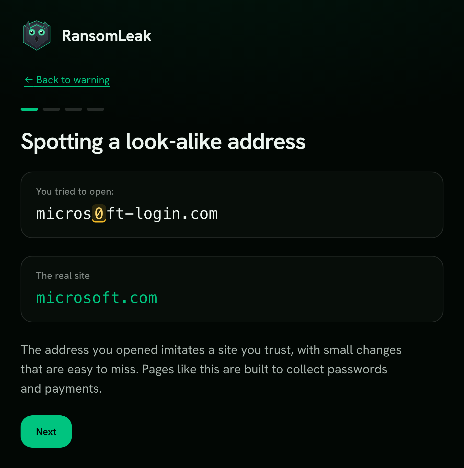 Lesson step one, Spotting a look-alike address: You tried to open micros0ft-login.com with the zero highlighted, above The real site microsoft.com