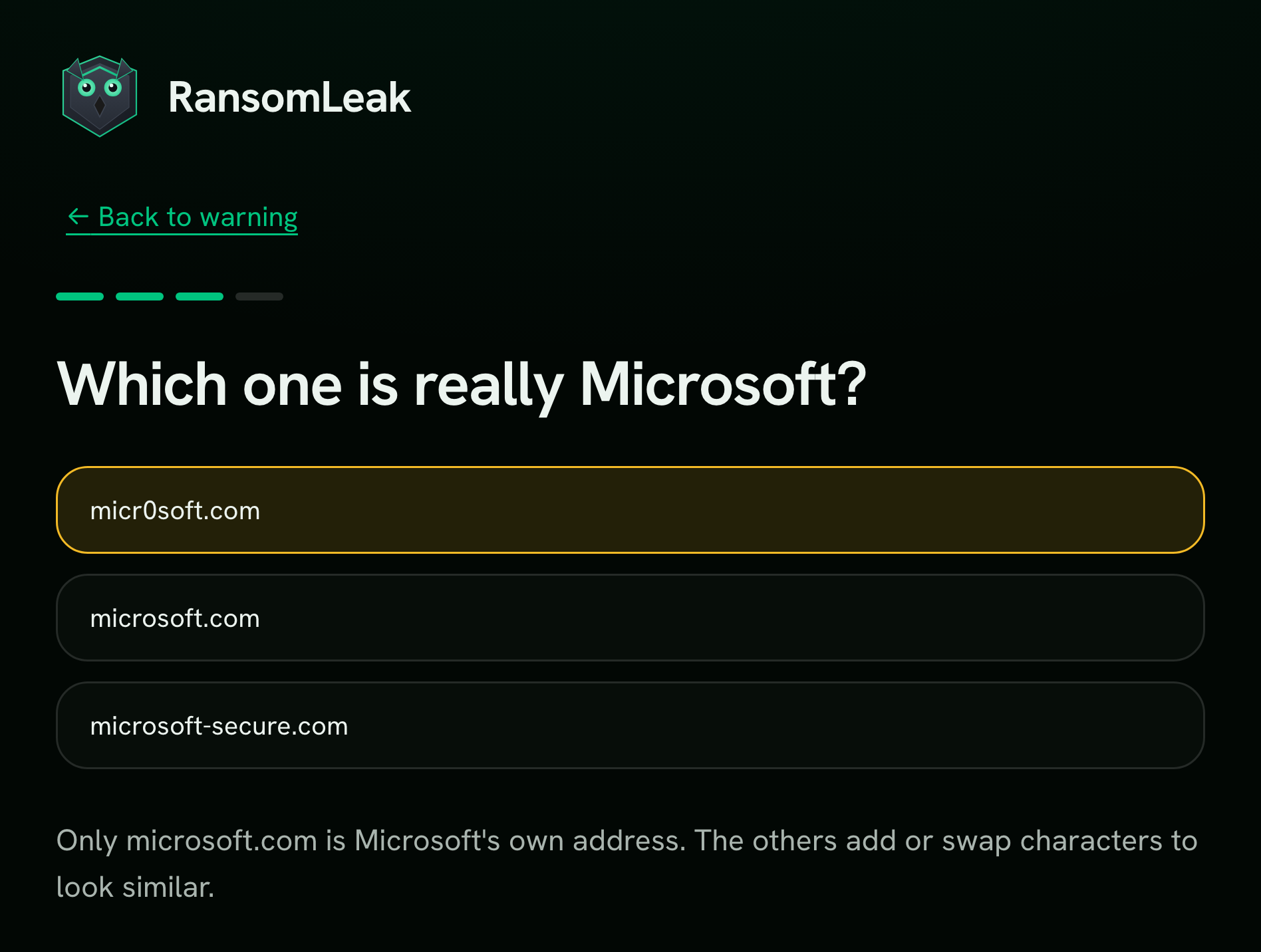 Lesson quiz, Which one is really Microsoft? Three choices, microsoft-secure.com, micr0soft.com picked by mistake, and microsoft.com, with the explanation that only microsoft.com is Microsoft’s own address