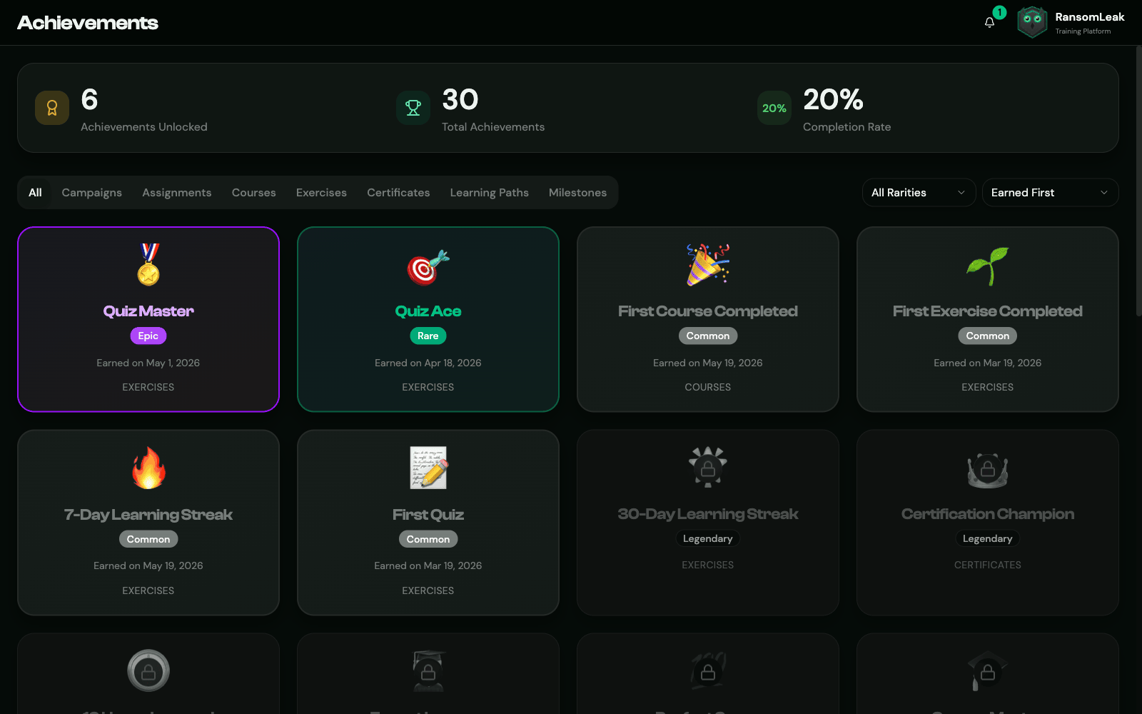 Achievements page for a learner showing unlocked and locked badges grouped by rarity