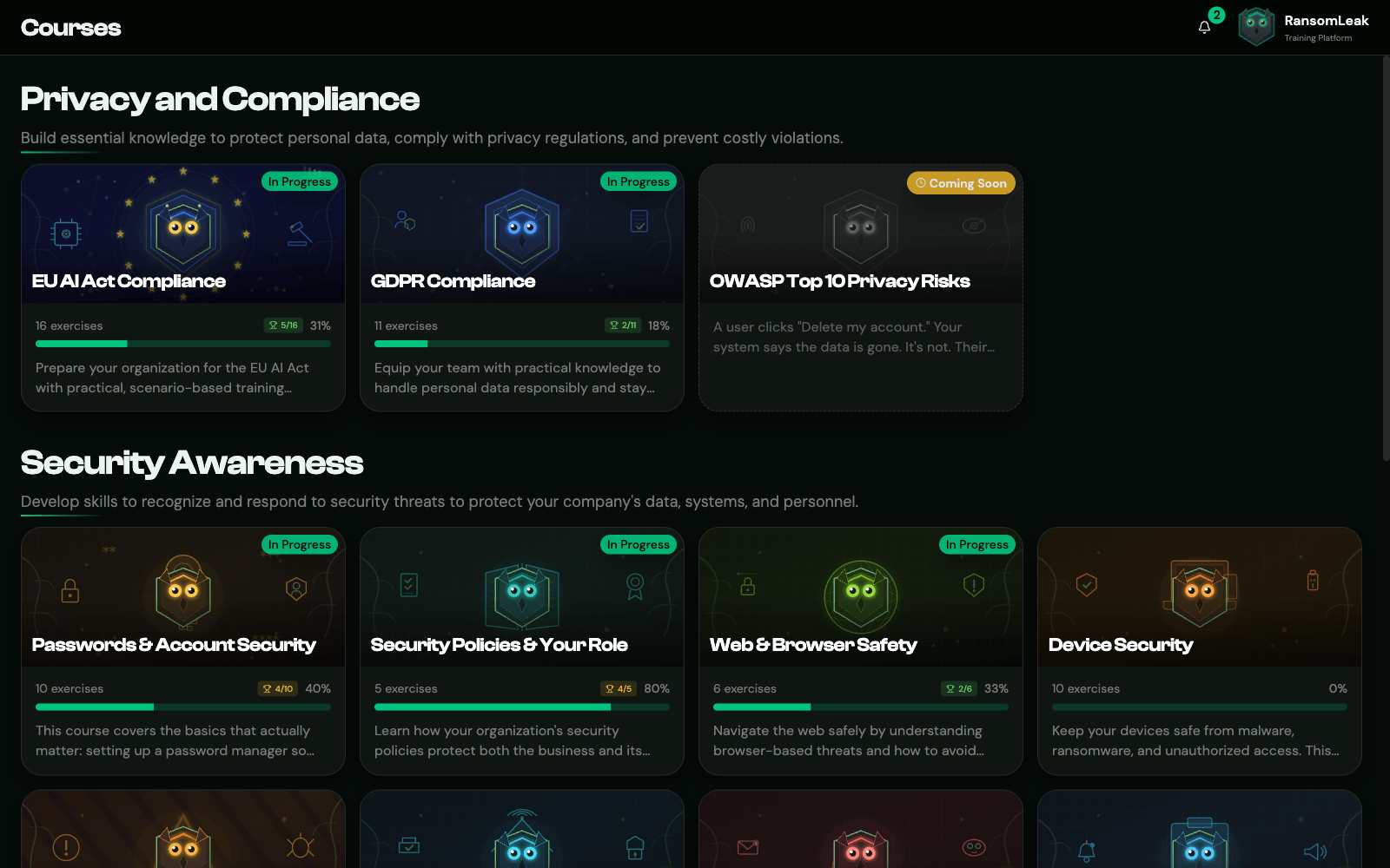 Learner-facing course catalog grouped by Privacy and Compliance and Security Awareness, with cards showing course icons, descriptions, and progress bars