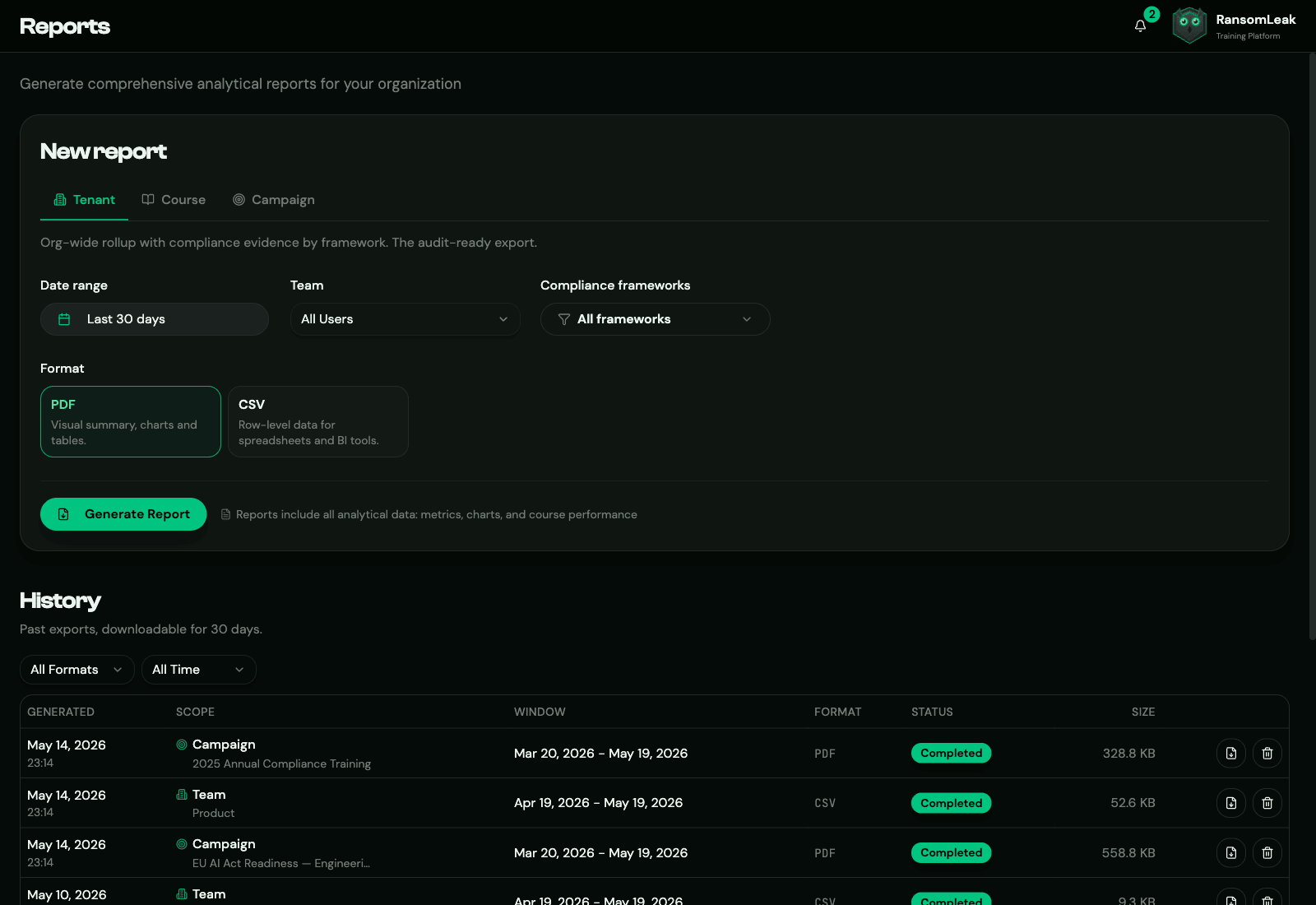 Report builder with Tenant, Course, and Campaign report types, team filter, framework badges including SOC 2, ISO 27001, HIPAA, PCI DSS, NIST CSF, GDPR, and PDF / CSV format toggles