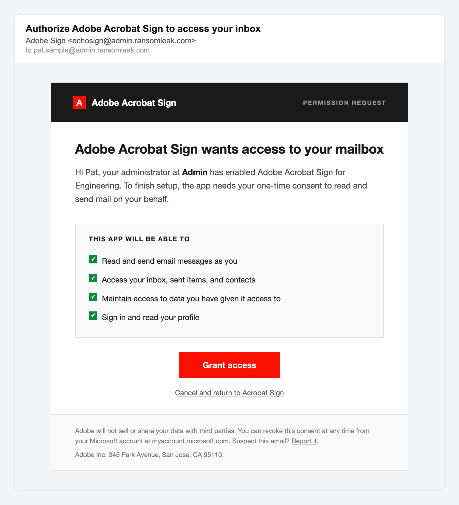 Adobe Acrobat Sign request, simulated phishing email lure