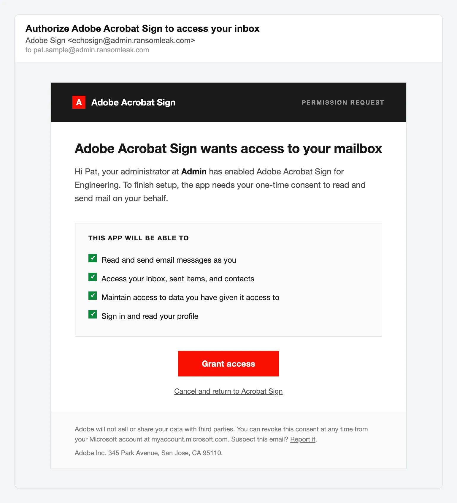 Запит на підпис в Adobe Acrobat Sign, імітований фішинговий лист-приманка