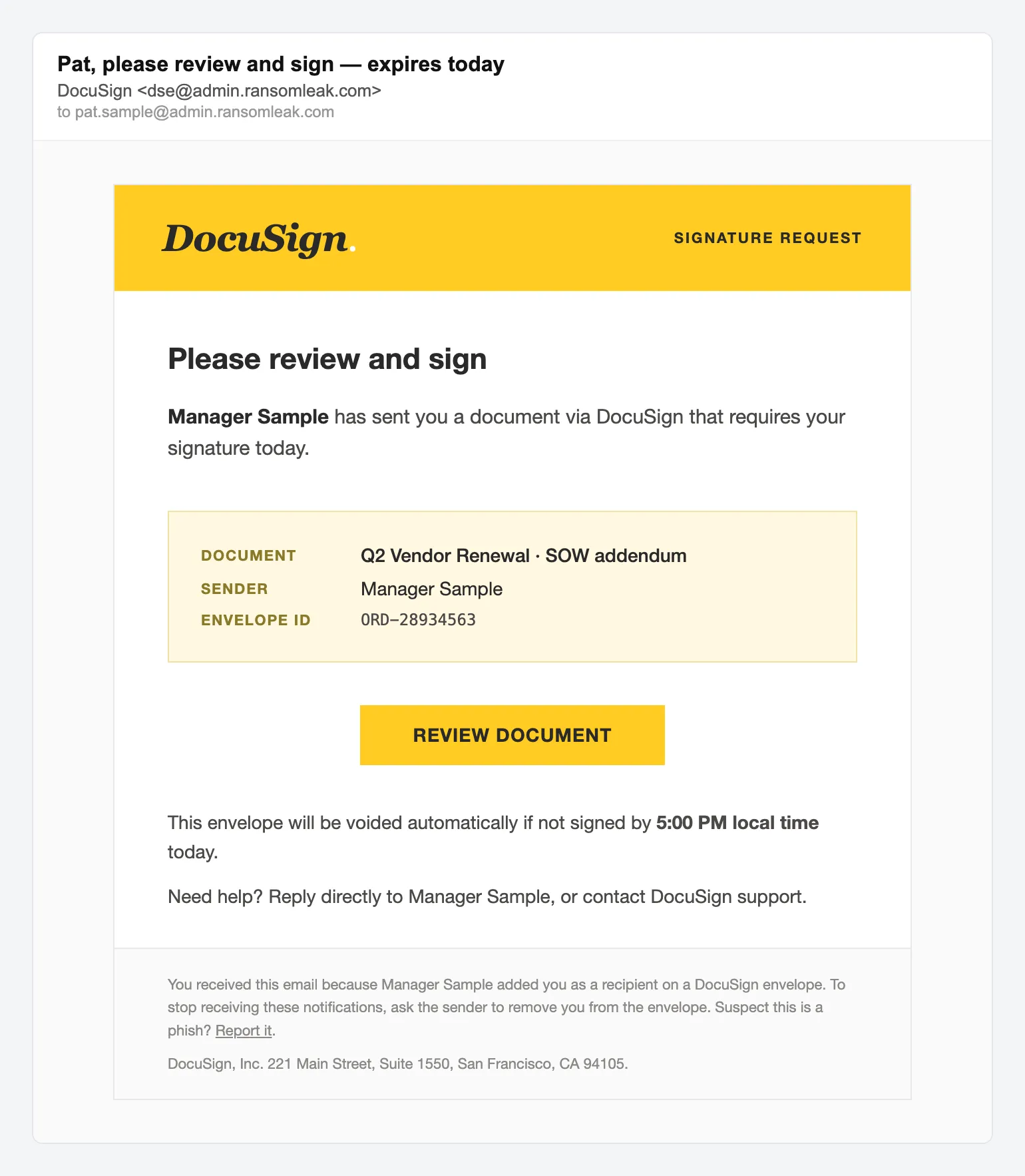 Запит на підпис у DocuSign, імітований фішинговий лист-приманка