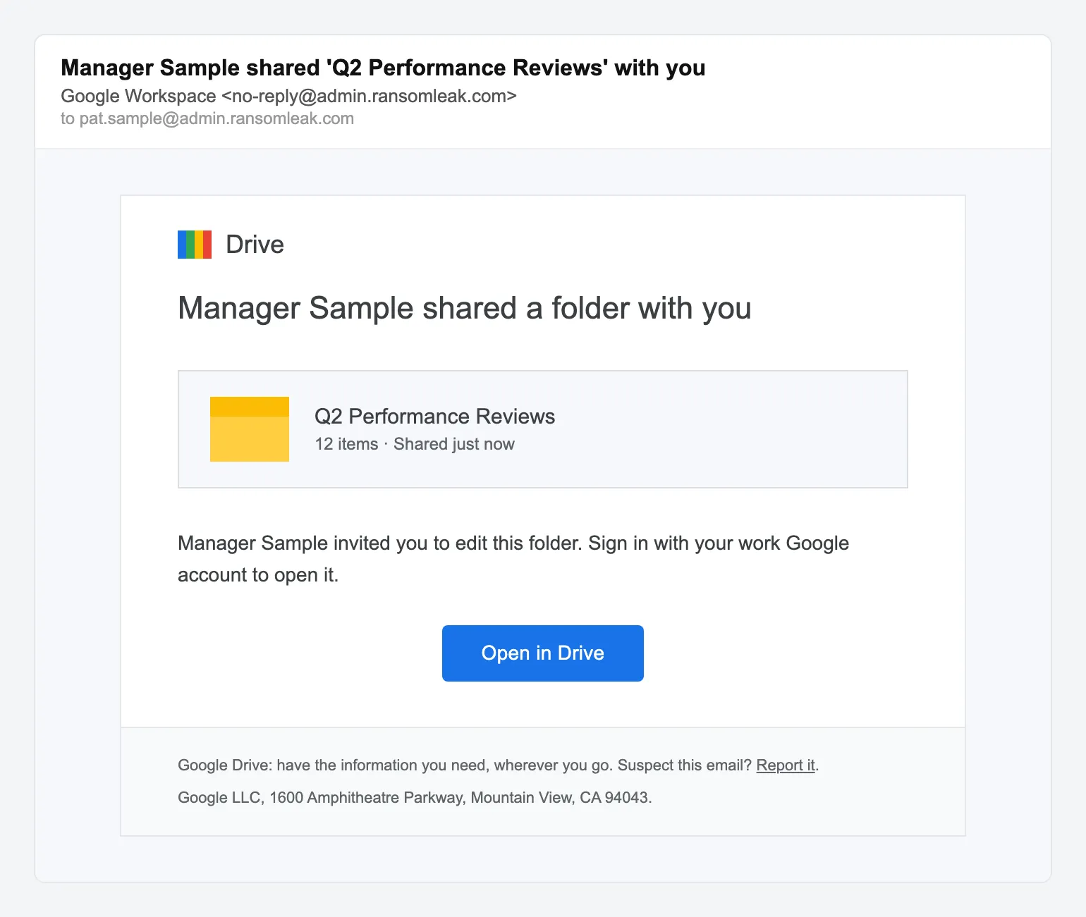 Вам відкрили доступ до папки Google Drive, імітований фішинговий лист-приманка