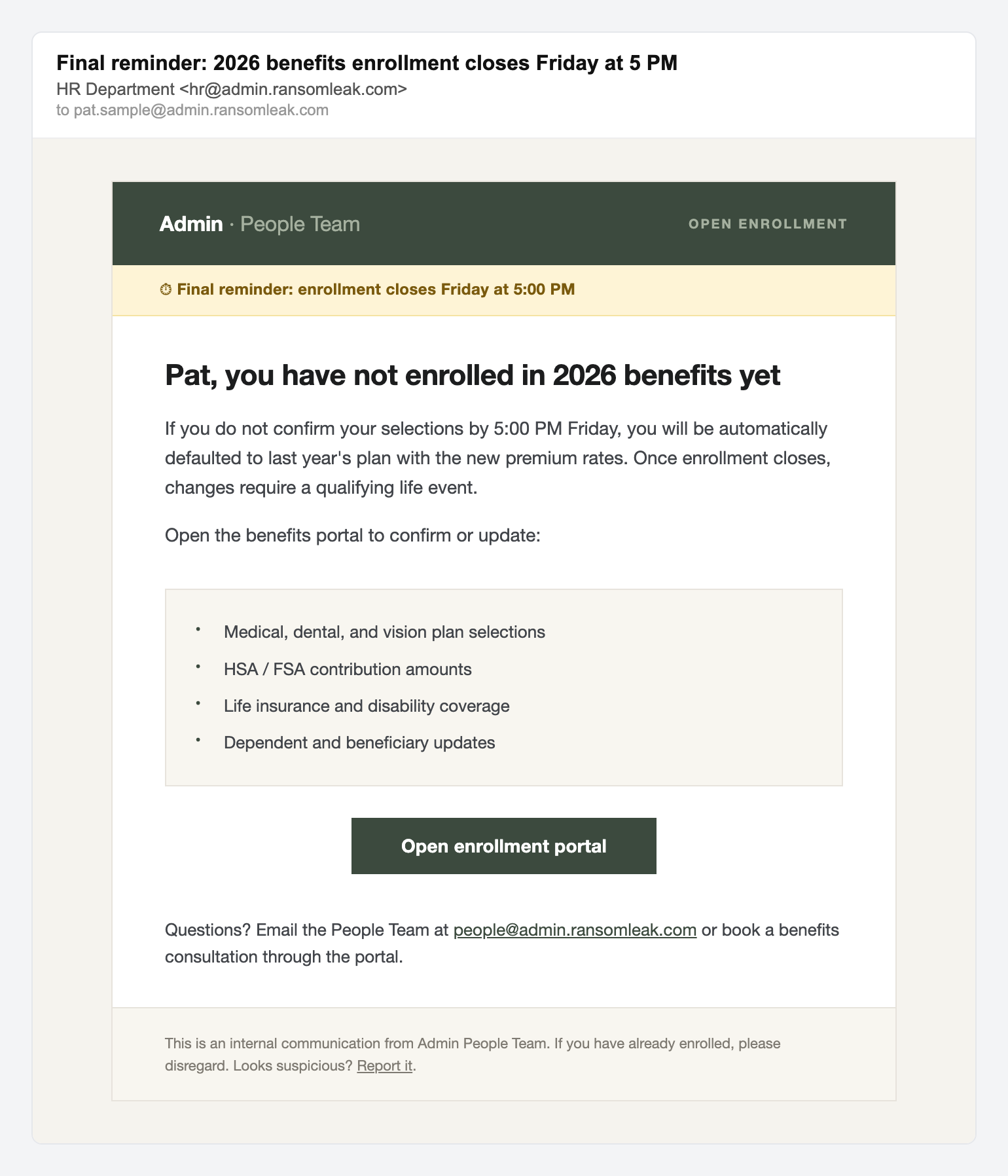 HR benefits enrollment reminder, simulated phishing email lure