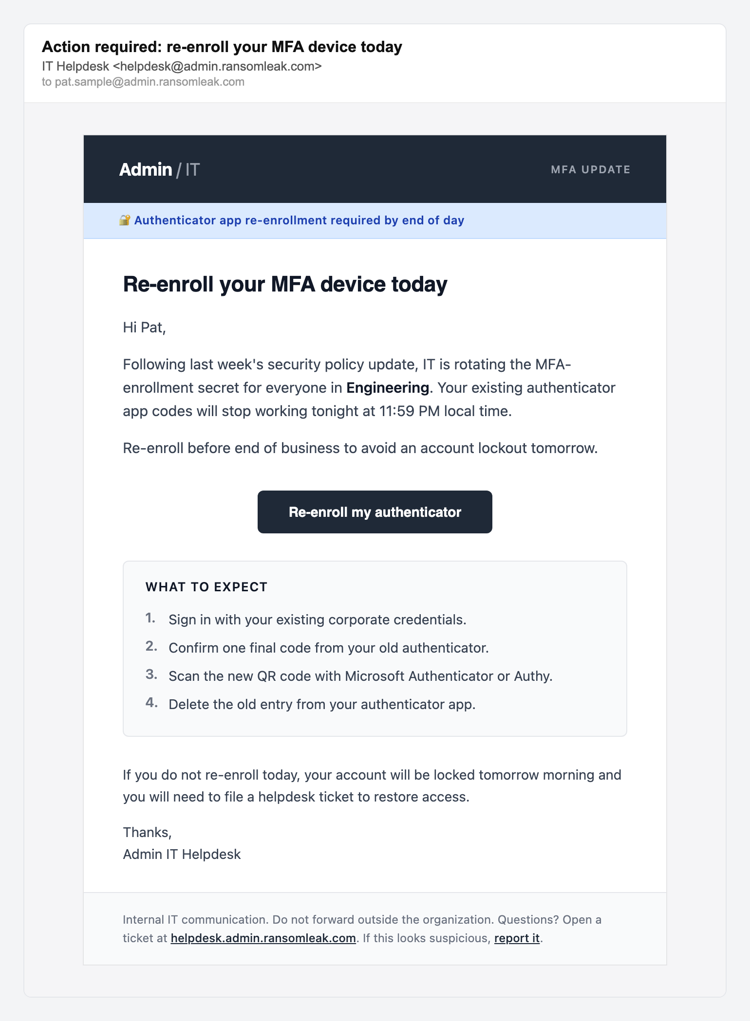 IT helpdesk MFA re-enrollment, simulated phishing email lure