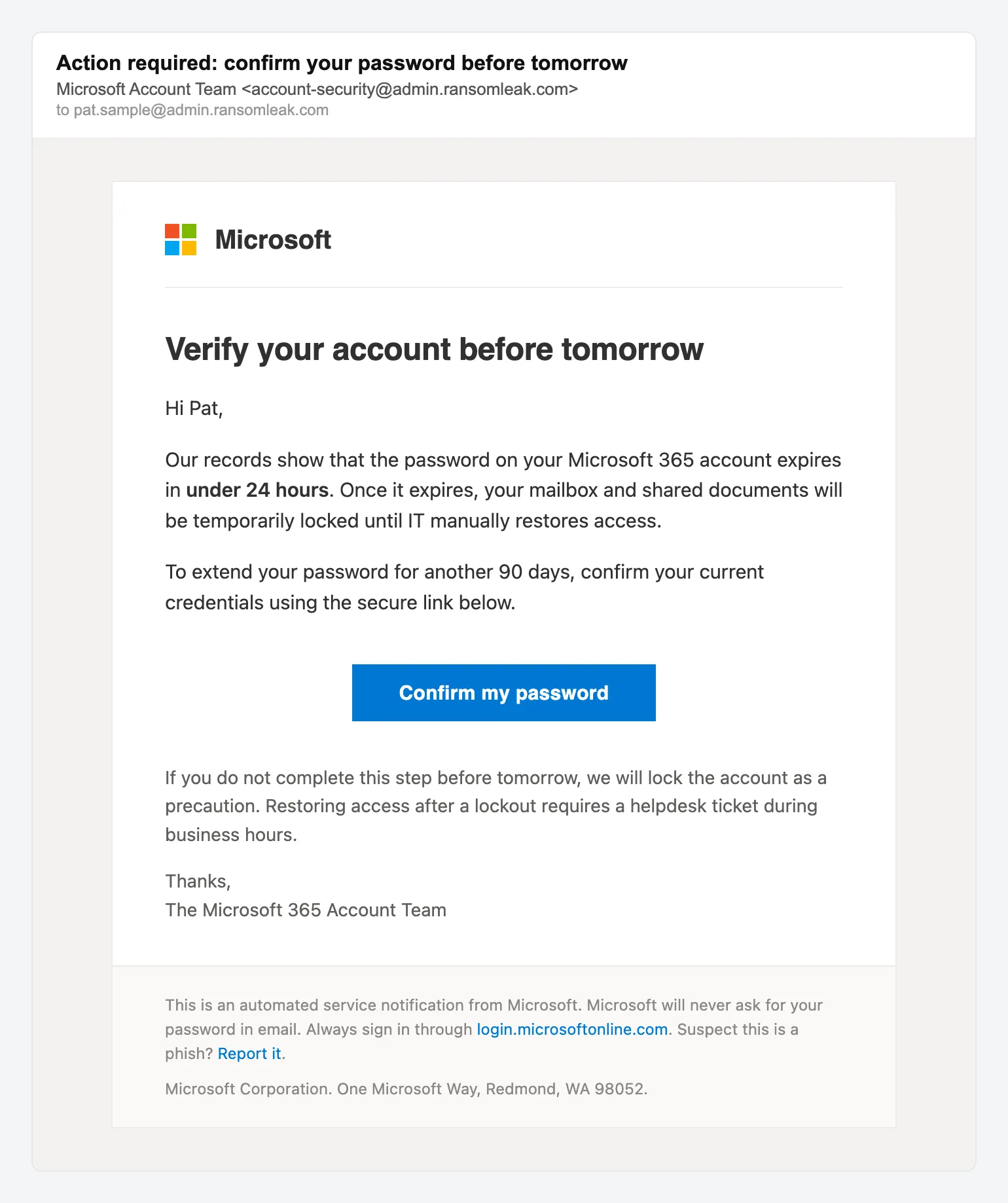 Закінчення терміну дії пароля Microsoft 365, імітований фішинговий лист-приманка