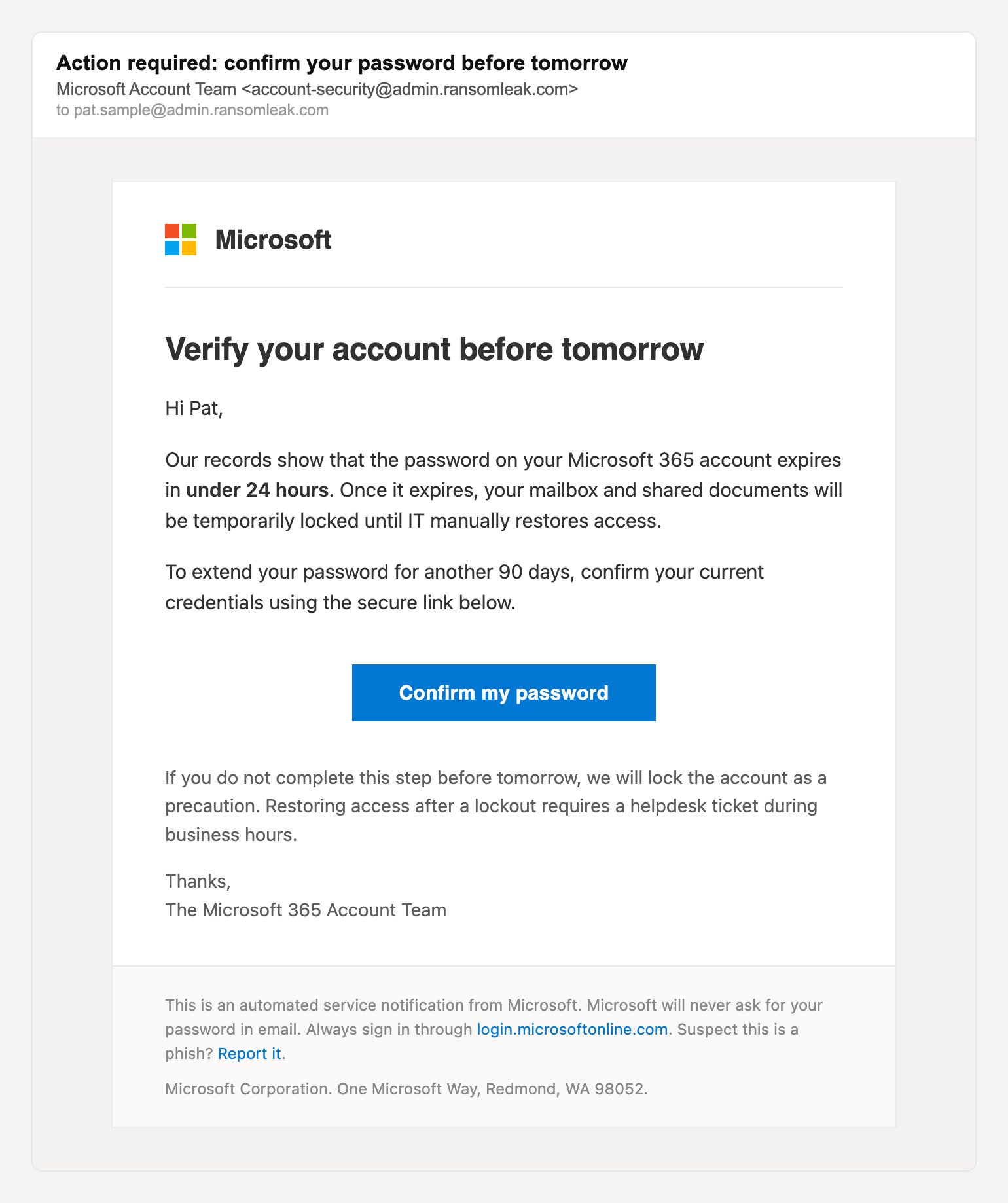 Microsoft 365 password expiry, simulated phishing email lure