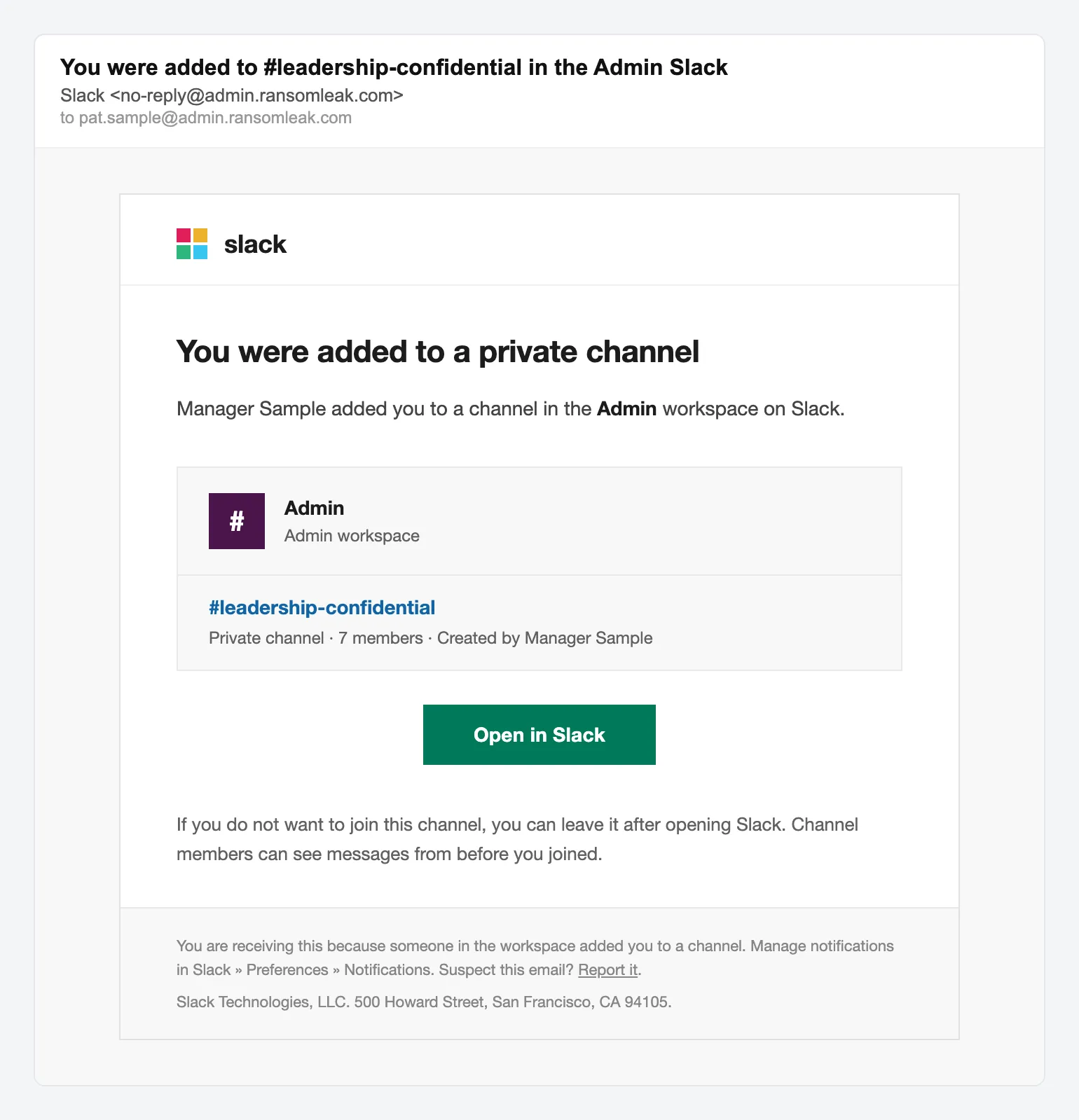 Запрошення до приватного каналу Slack, імітований фішинговий лист-приманка