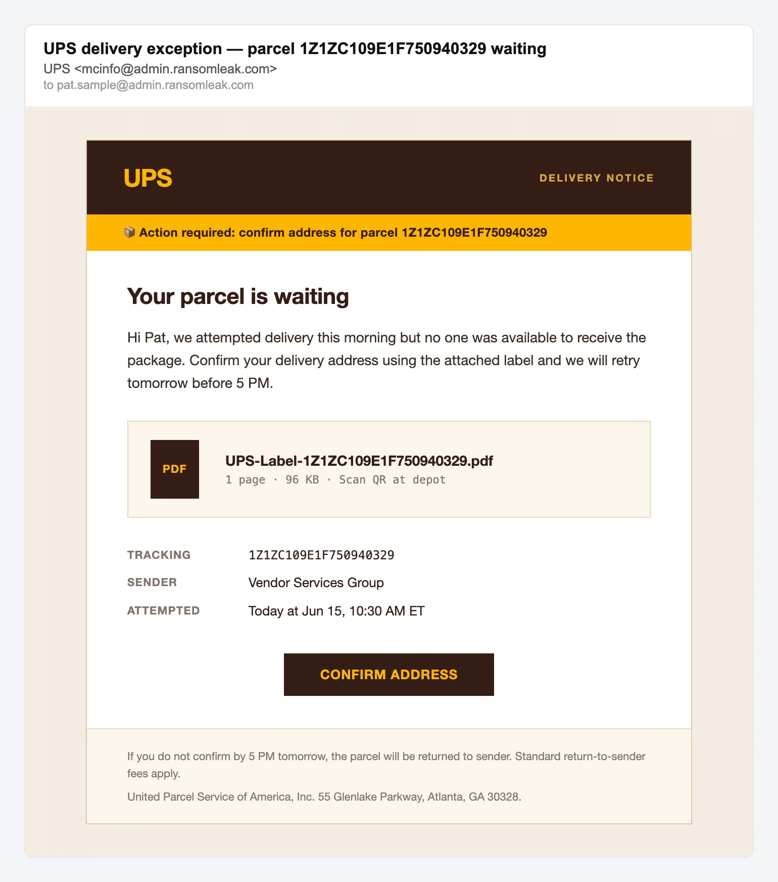 Проблема з доставкою посилки UPS, імітований фішинговий лист-приманка