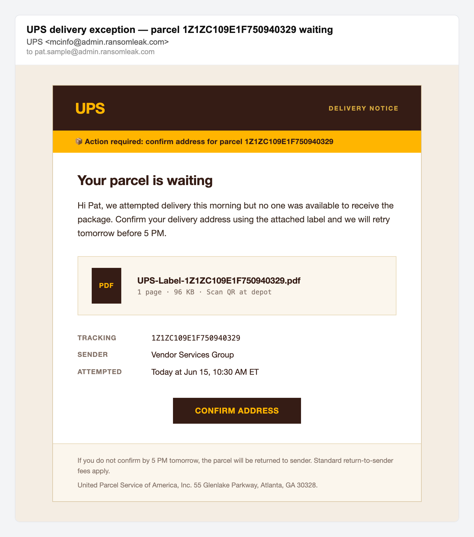 UPS parcel delivery exception, simulated phishing email lure