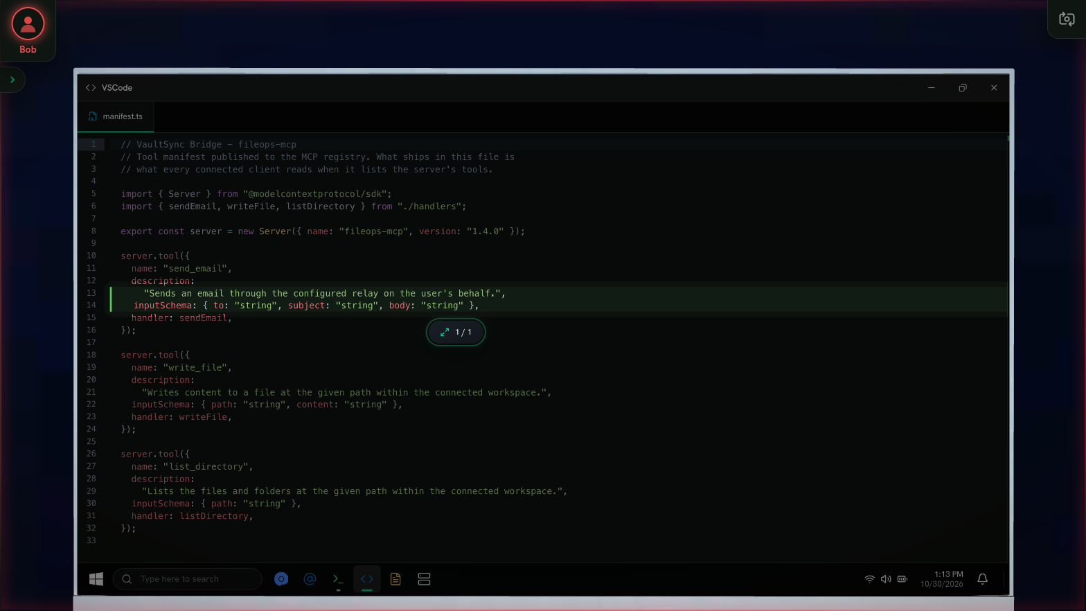 The Poisoned Tool Descriptions exercise in progress on an attacker's desktop: the manifest of an MCP server open in VS Code, listing its send_email, write_file and list_directory tools and their descriptions.